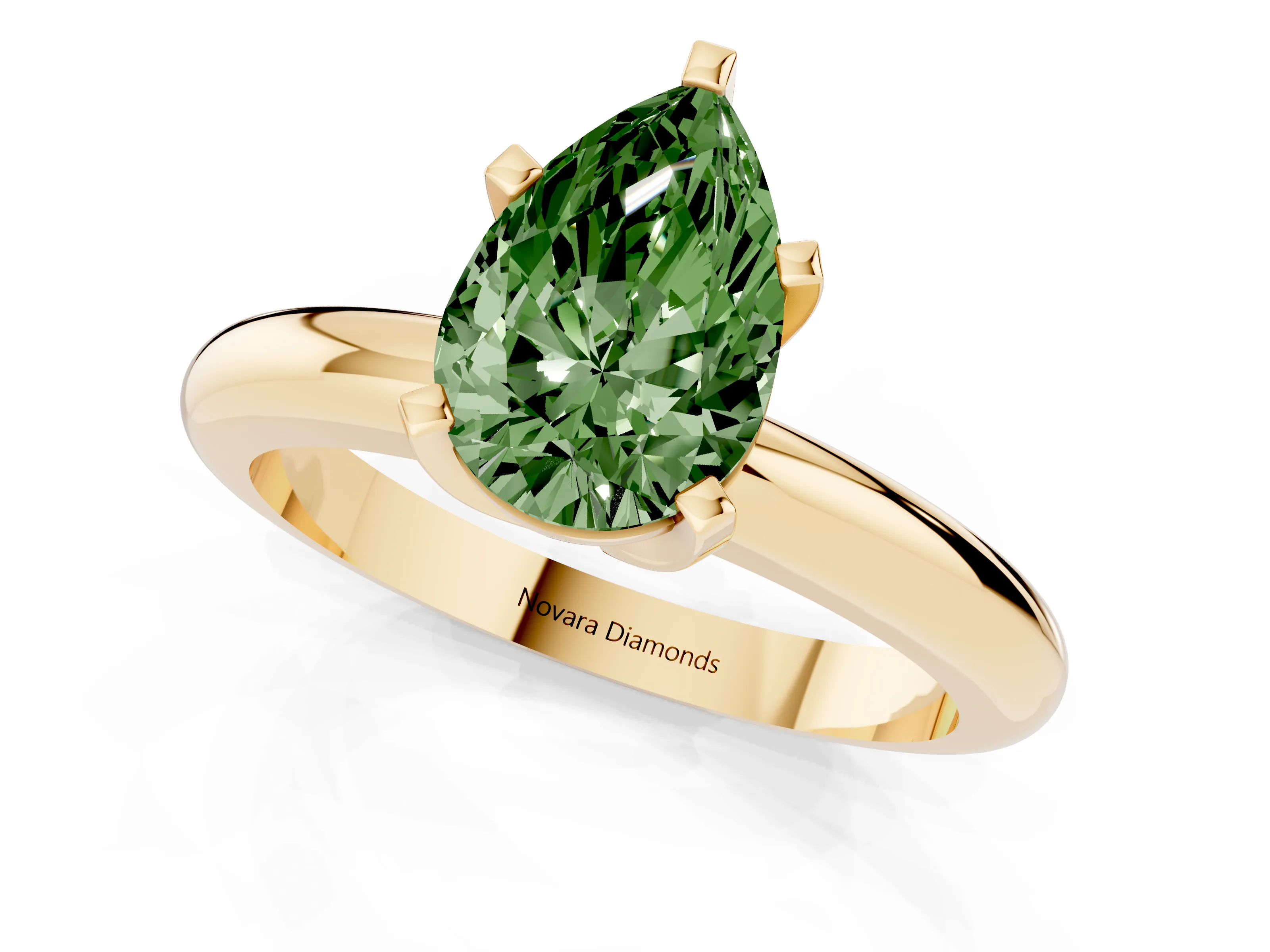 Fancy Green Pear Cut Diamond Solitaire Engagement Ring Set in Yellow gold with Round Band and Prong Setting