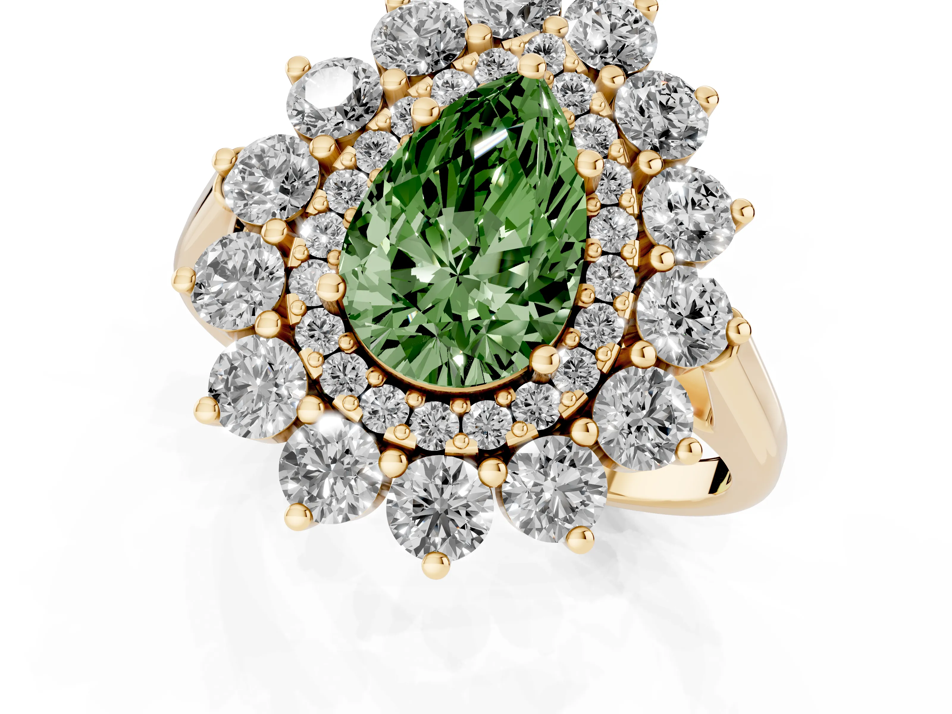 Fancy Green Pear Cut Diamond Floral Double Halo Ring Set in Yellow gold with Round Petals