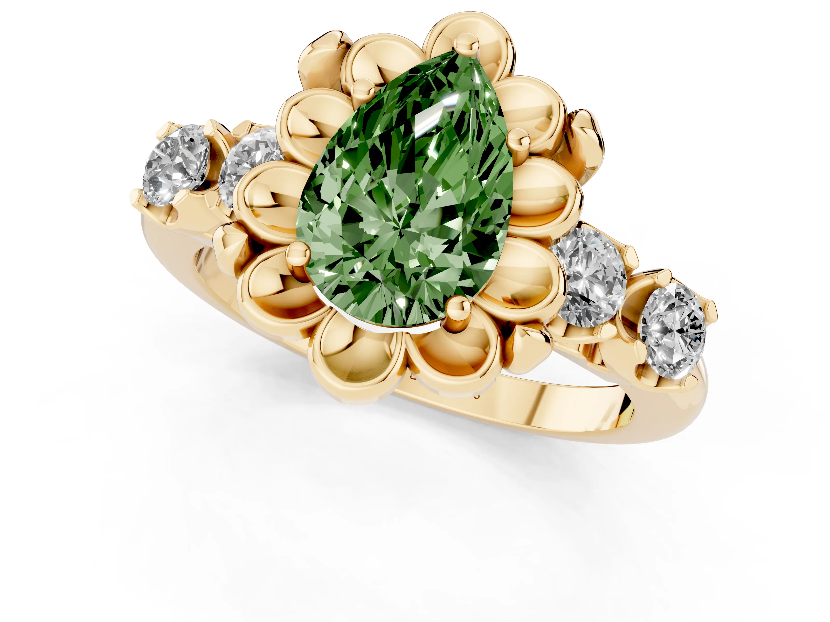 Fancy Green Pear Cut Diamond Floral Halo Ring Set in Yellow gold with Shared Prong Band