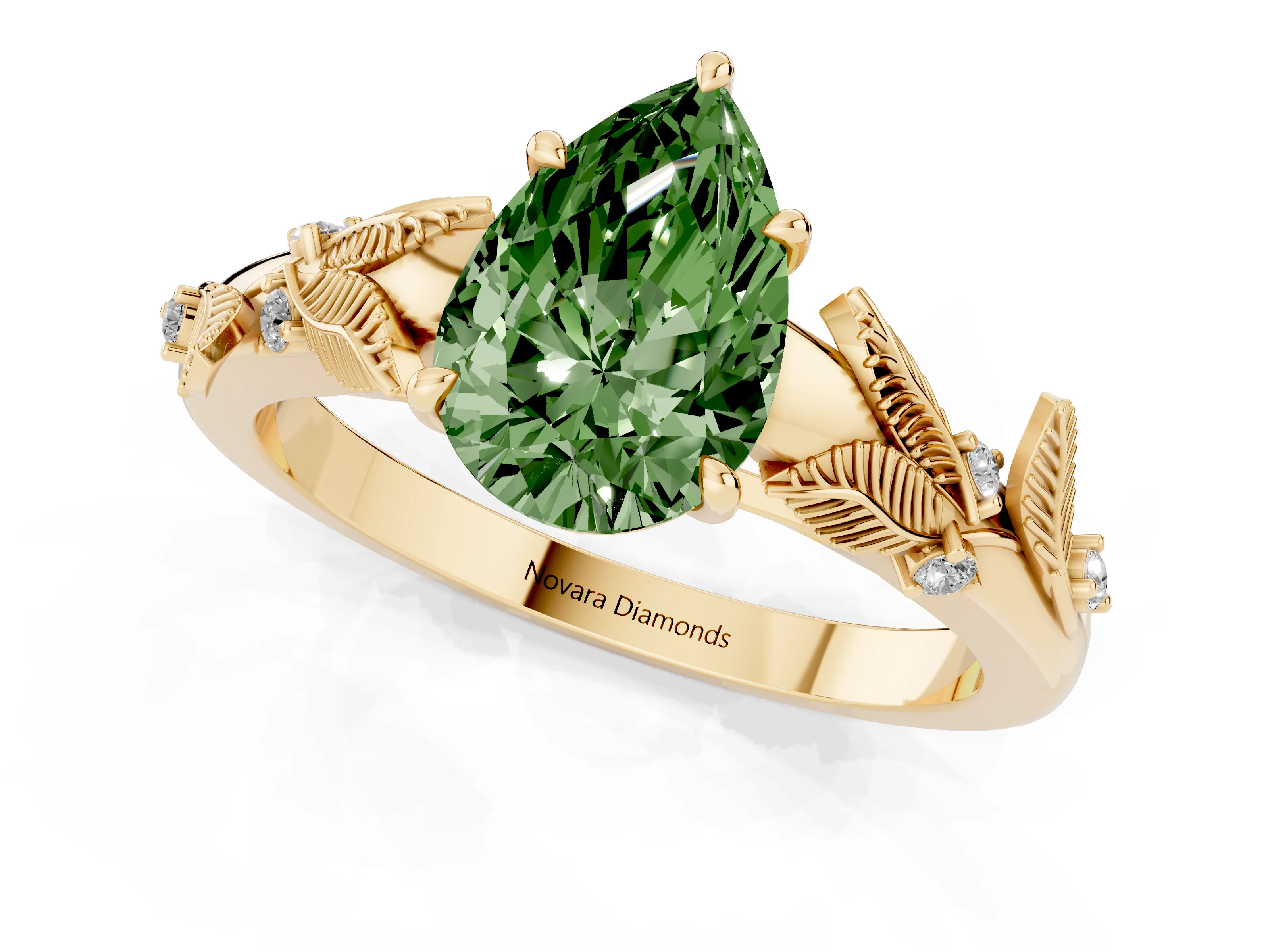 Pear-Shaped Leaf Solitaire Engagement Ring Setting for a Fancy Green Lab-Grown Diamond | Yellow Gold