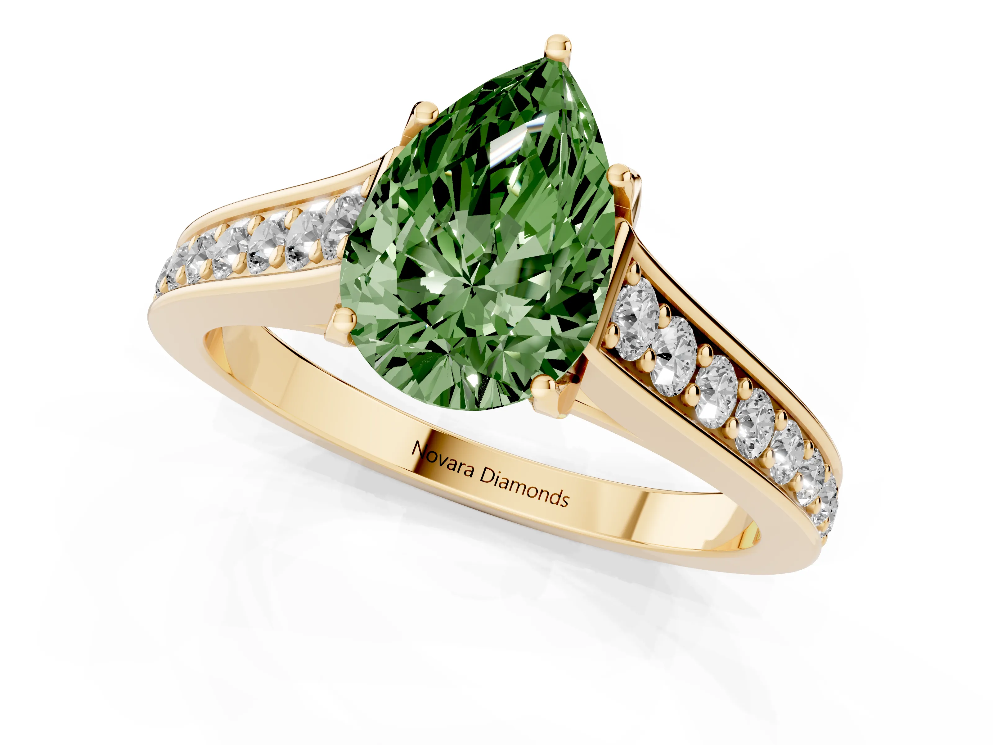 Fancy Green Pear Cut Diamond Solitaire Pavé Engagement Ring Set in Yellow gold with Prong Setting
