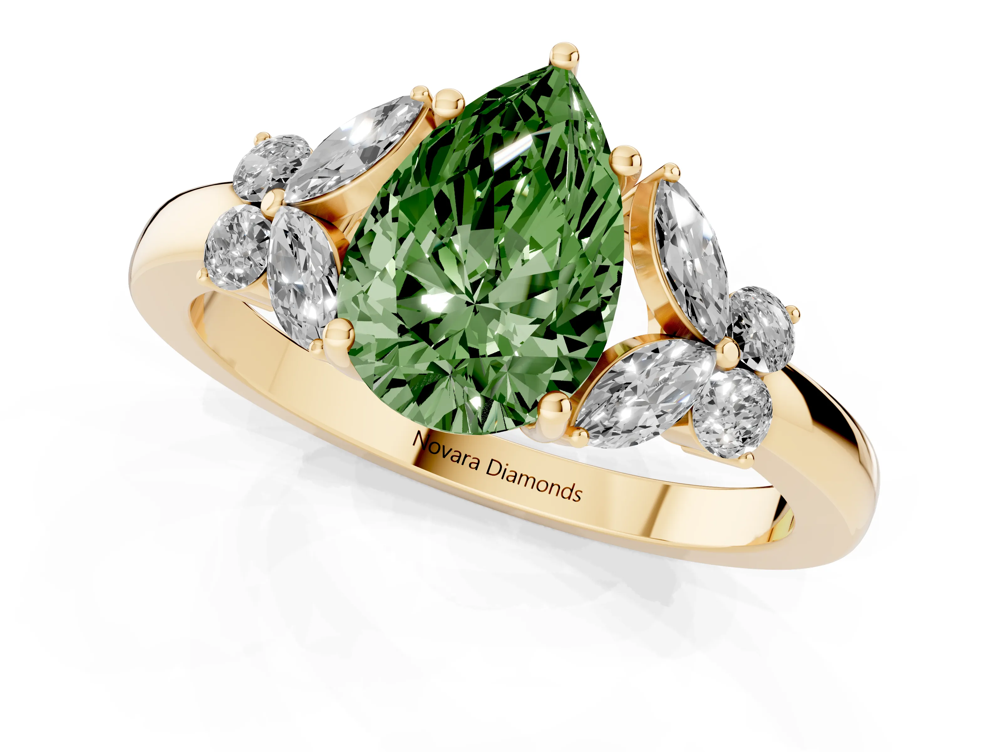 Fancy Green Pear Cut Diamond Solitaire Floral Ring Set in Yellow gold with Marquise Petals and Prong Setting