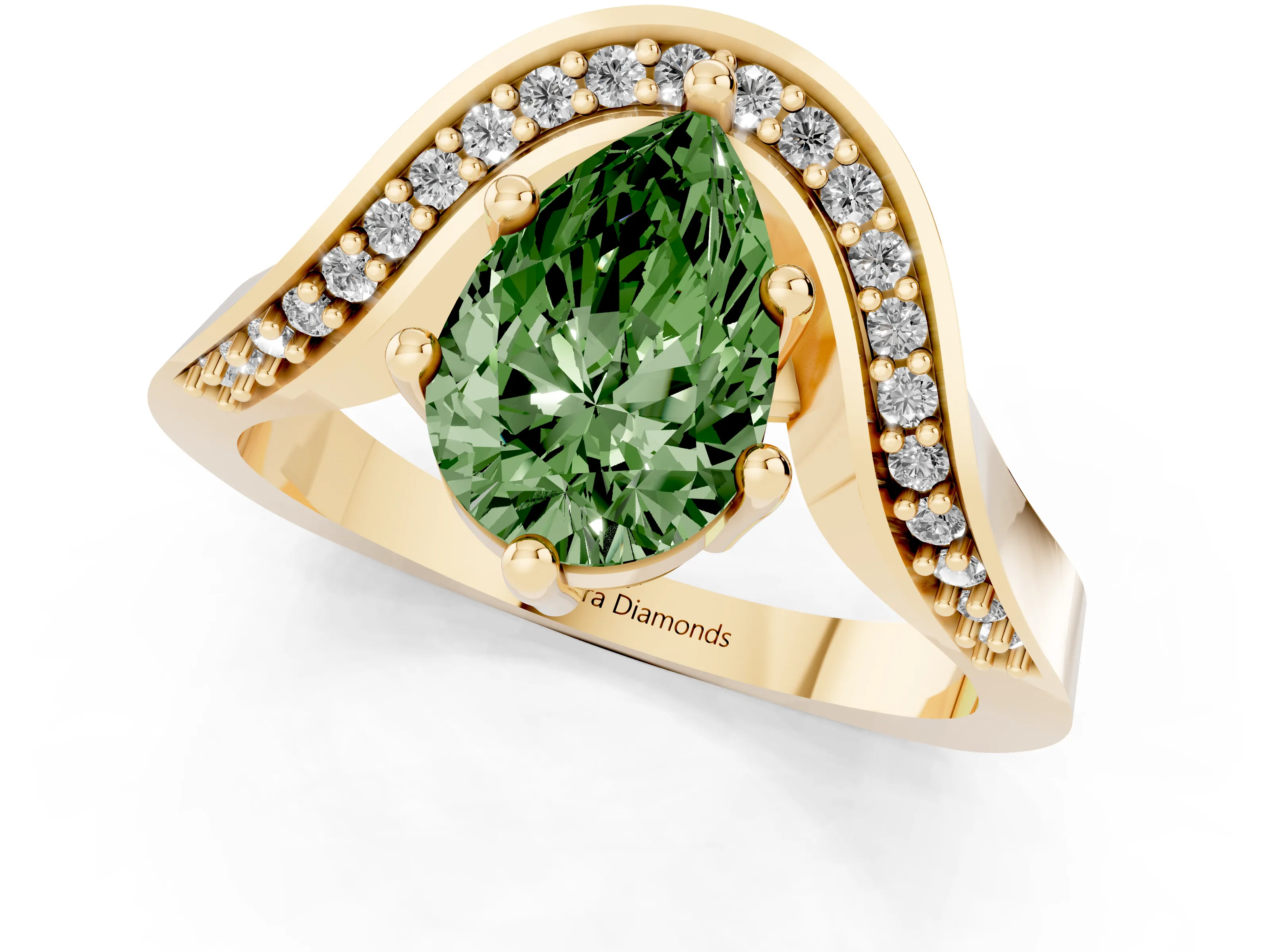 Fancy Green Pear Cut Diamond Solitaire Engagement Ring Set in Yellow gold with Pavé Shoulders