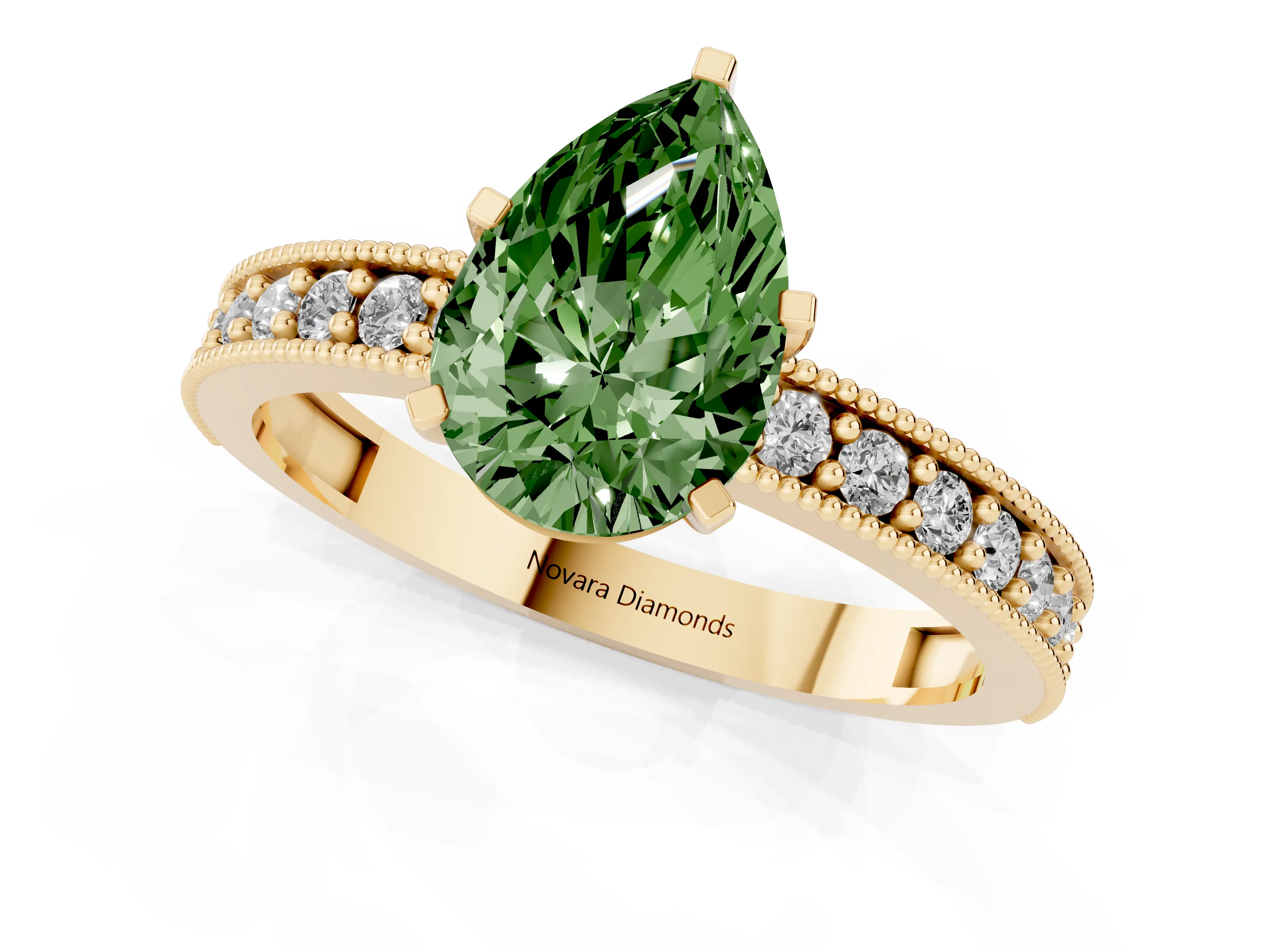 Fancy Green Pear Cut Diamond Milgrain Pavé Engagement Ring Set in Yellow gold with Prong Setting