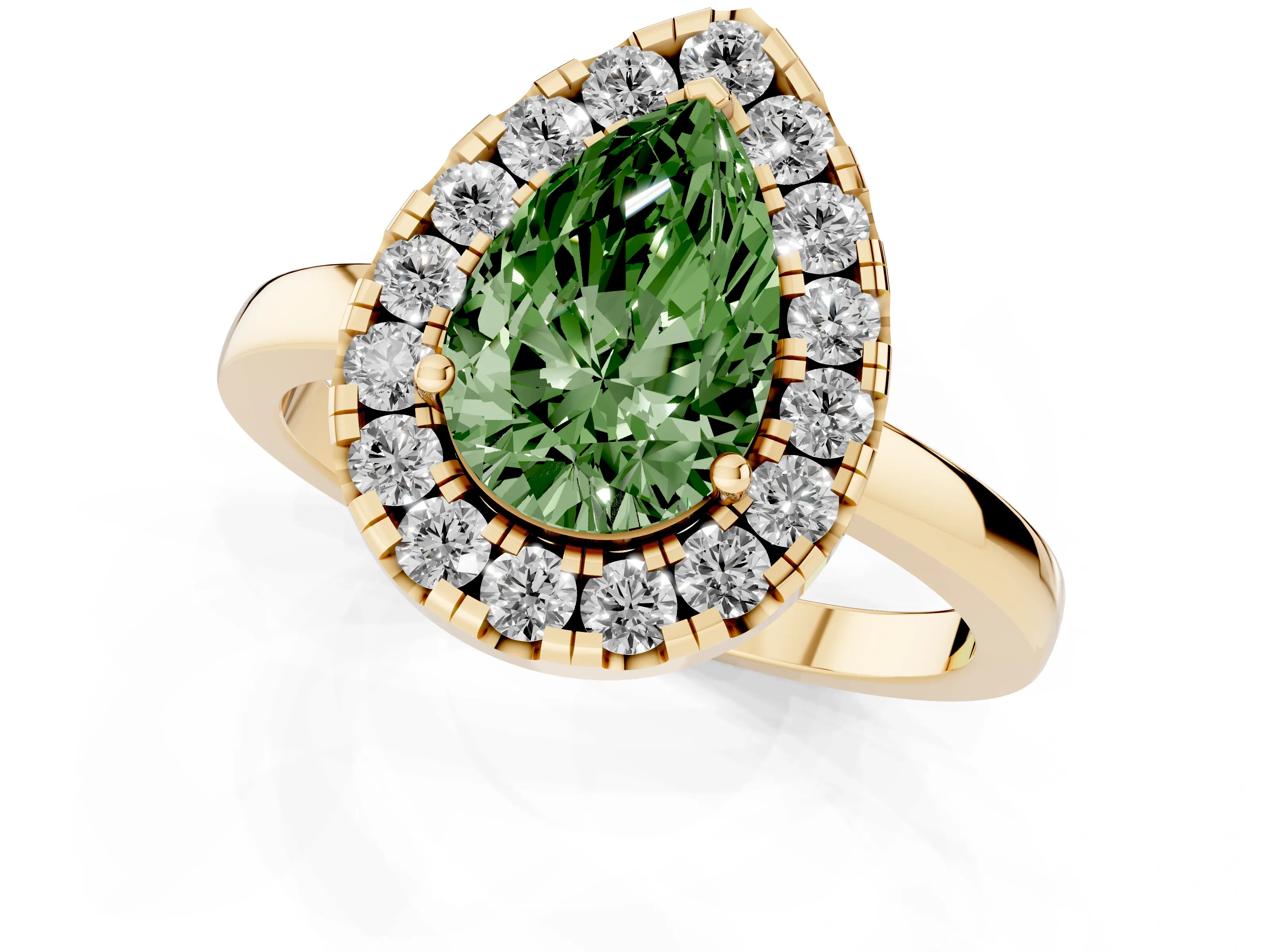 Fancy Green Pear Cut Diamond Halo Solitaire Ring Set in Yellow gold with Pavé Band and Prong Setting