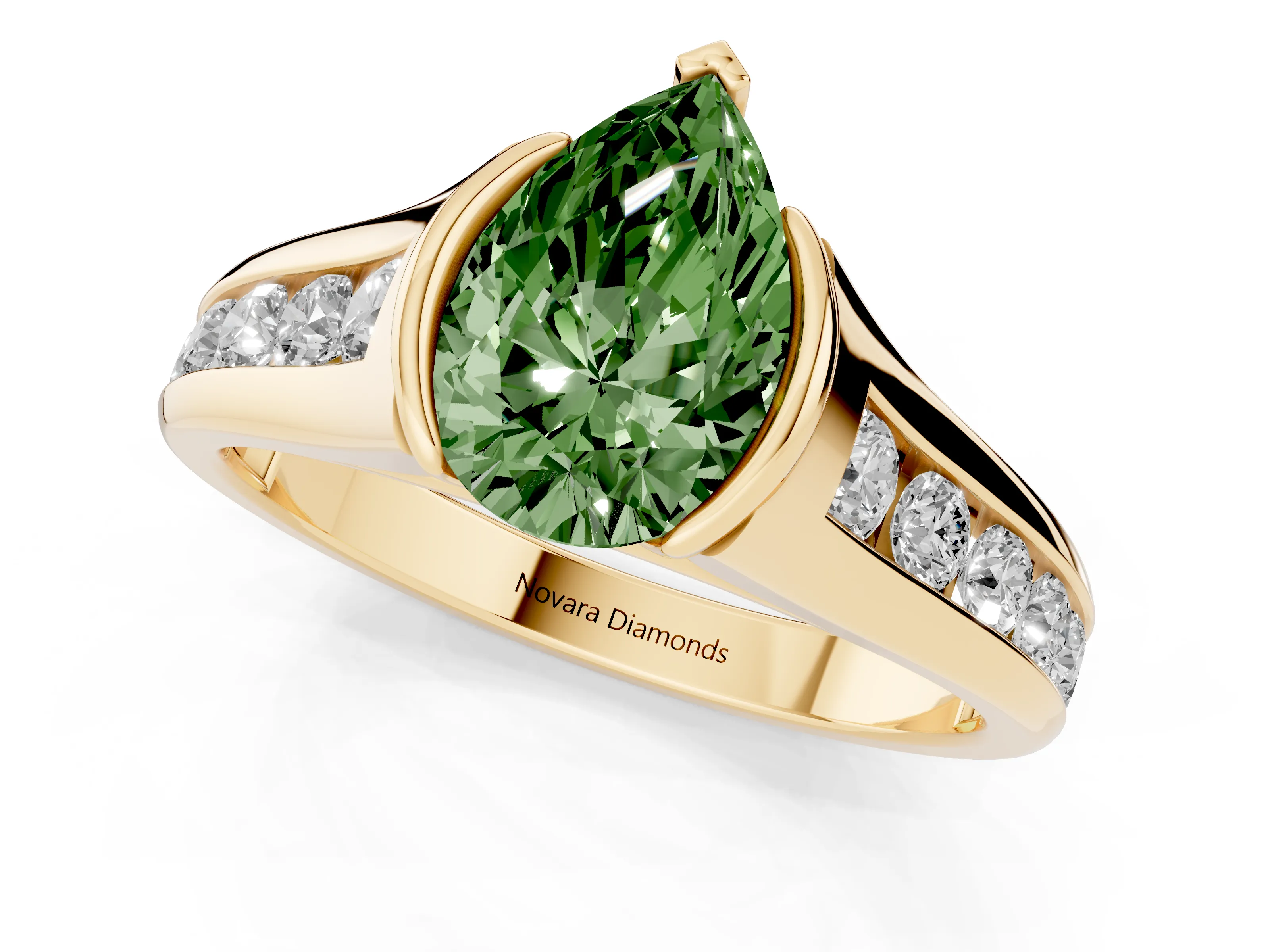 Fancy Green Pear Cut Diamond Bezel-Set Solitaire Ring Set in Yellow gold with Channel-Set Band