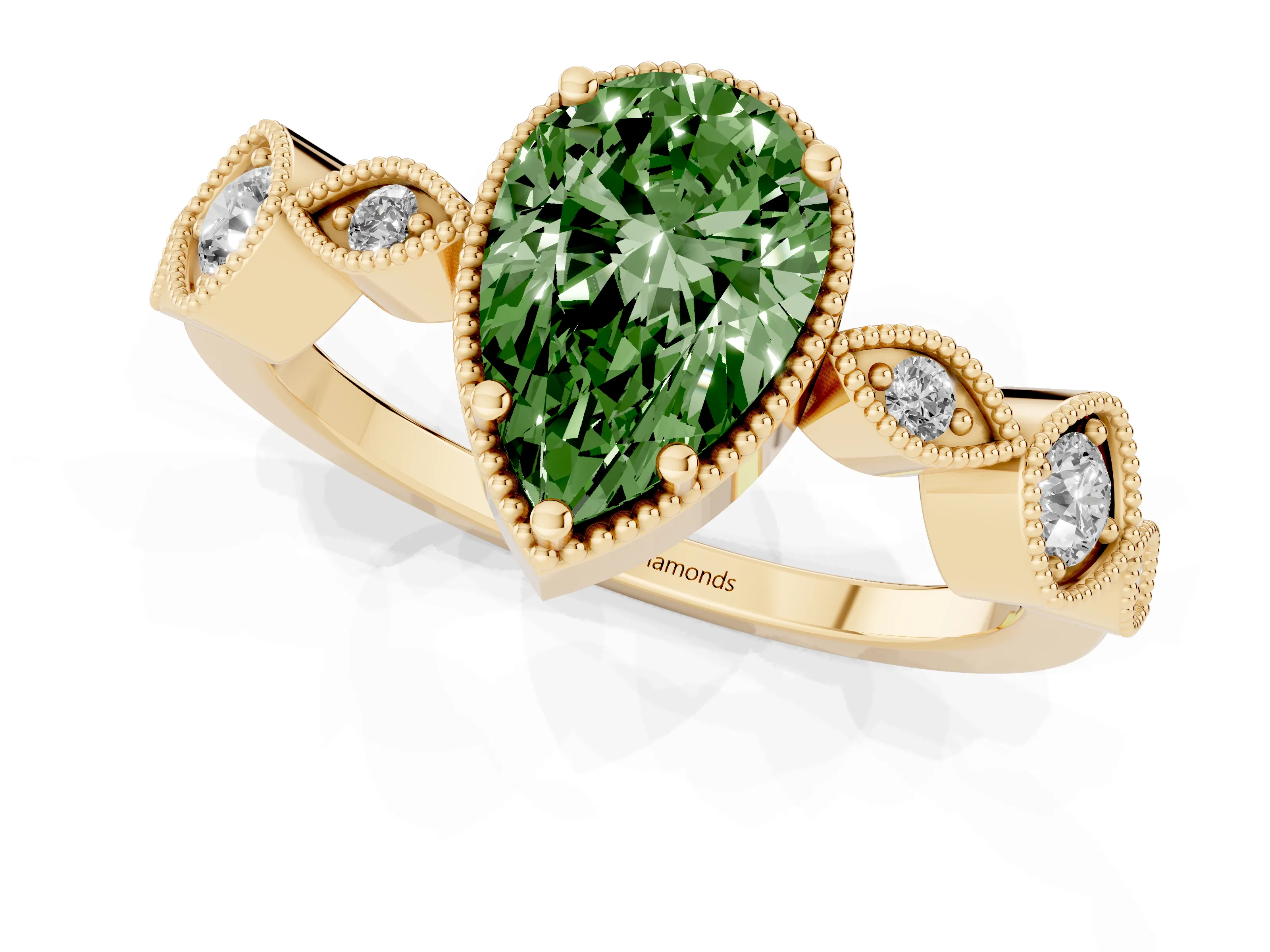 Fancy Green Pear Cut Diamond Vintage-Inspired Milgrain Ring Set in Yellow gold with Marquise Stations of Round Accents