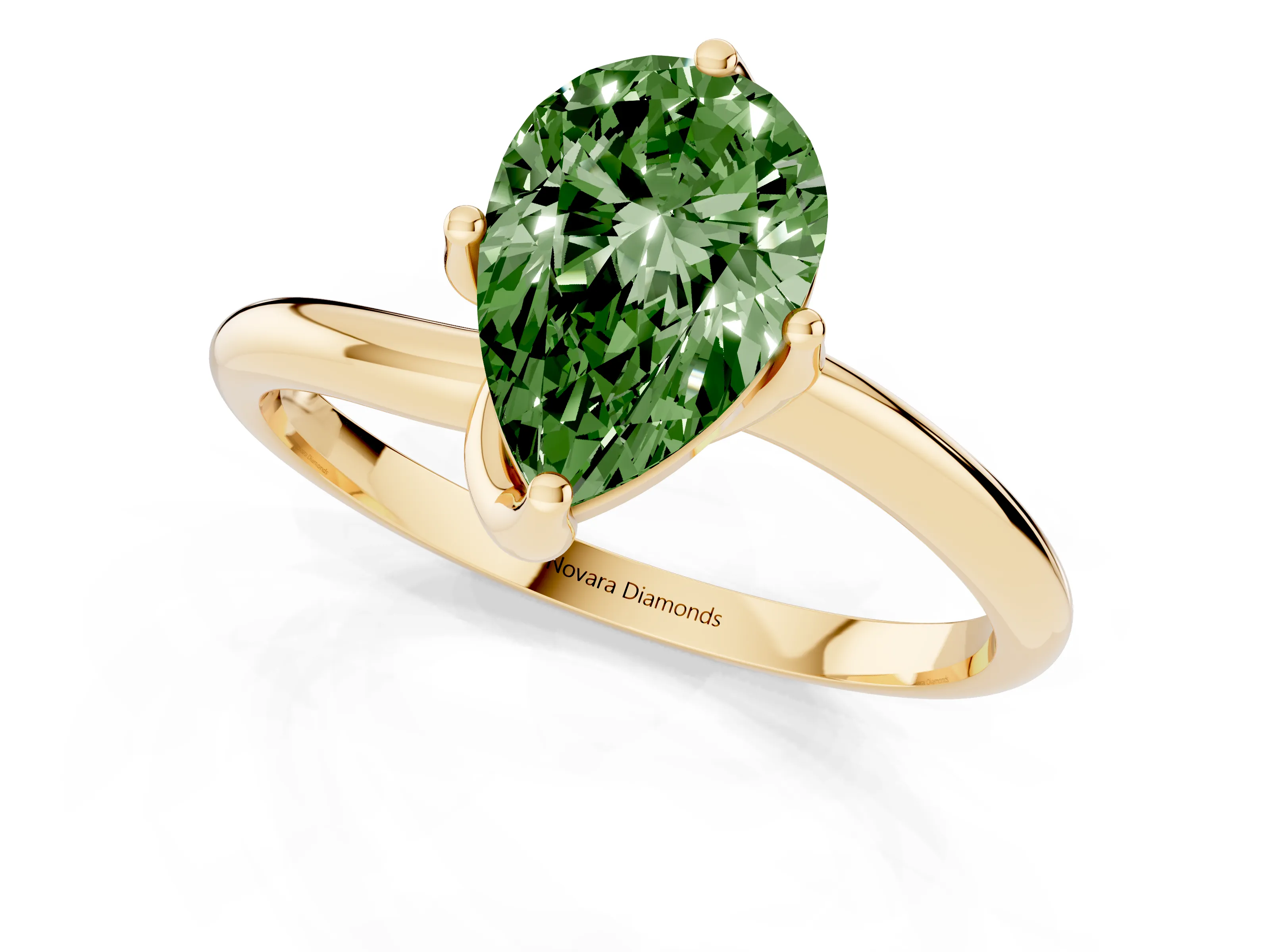 Fancy Green Pear Cut Diamond Solitaire Engagement Ring Set in Yellow gold with Classic Plain Band
