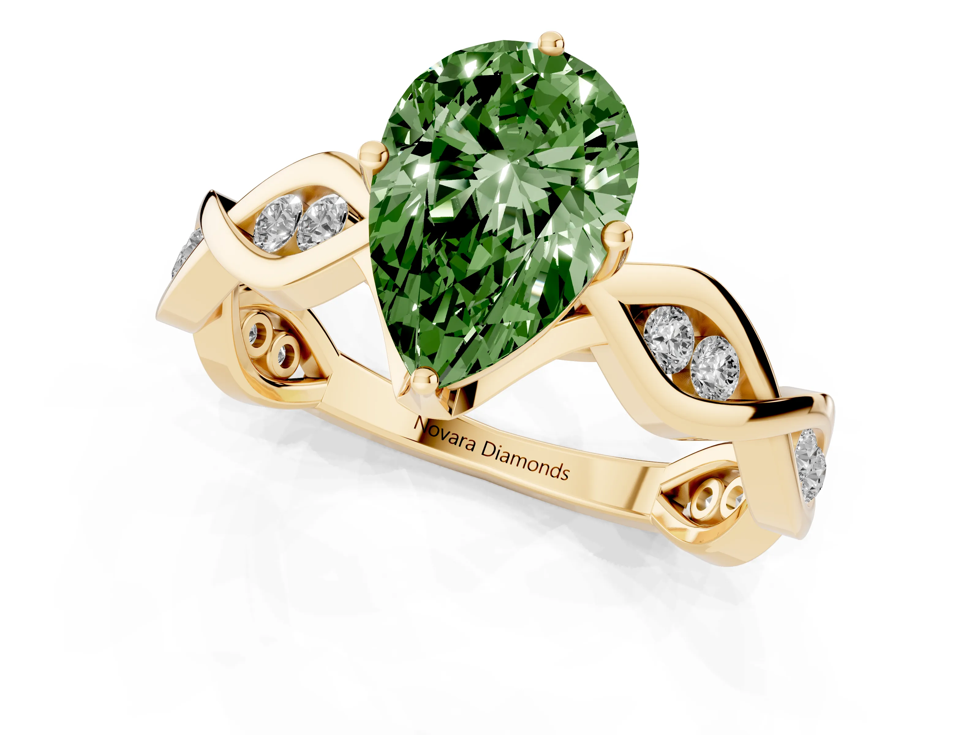 Fancy Green Pear Cut Diamond Twist Band Solitaire Ring Set in Yellow gold with Leaf Prong Setting and Accent Stones