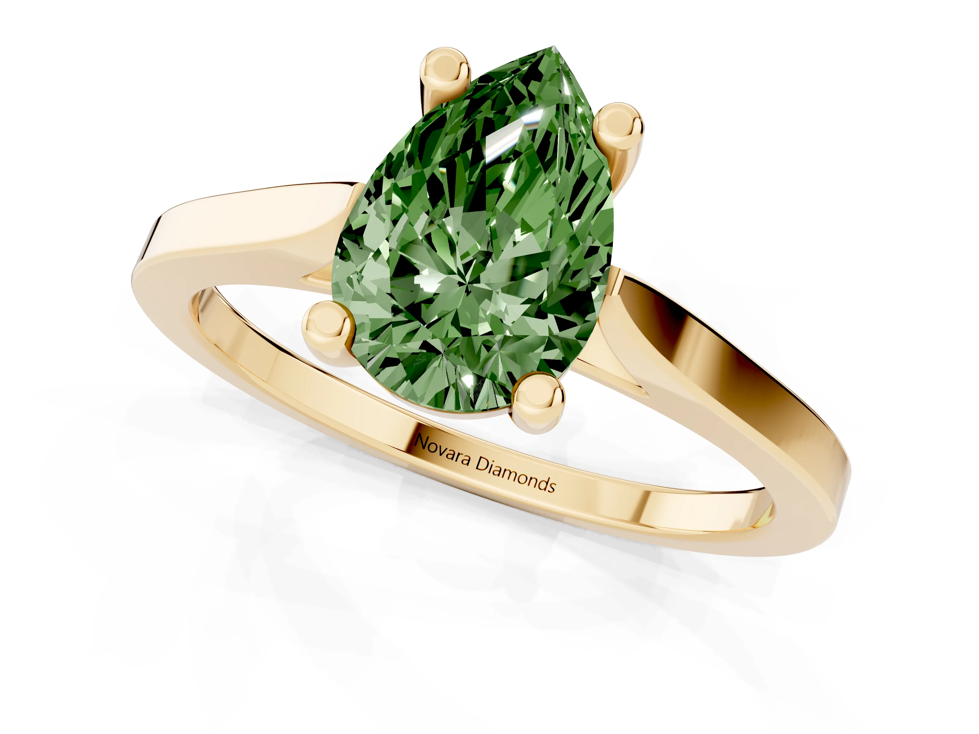 Fancy Green Pear Cut Diamond Solitaire Ring Set in Yellow gold with Prong Setting and Tapered Band