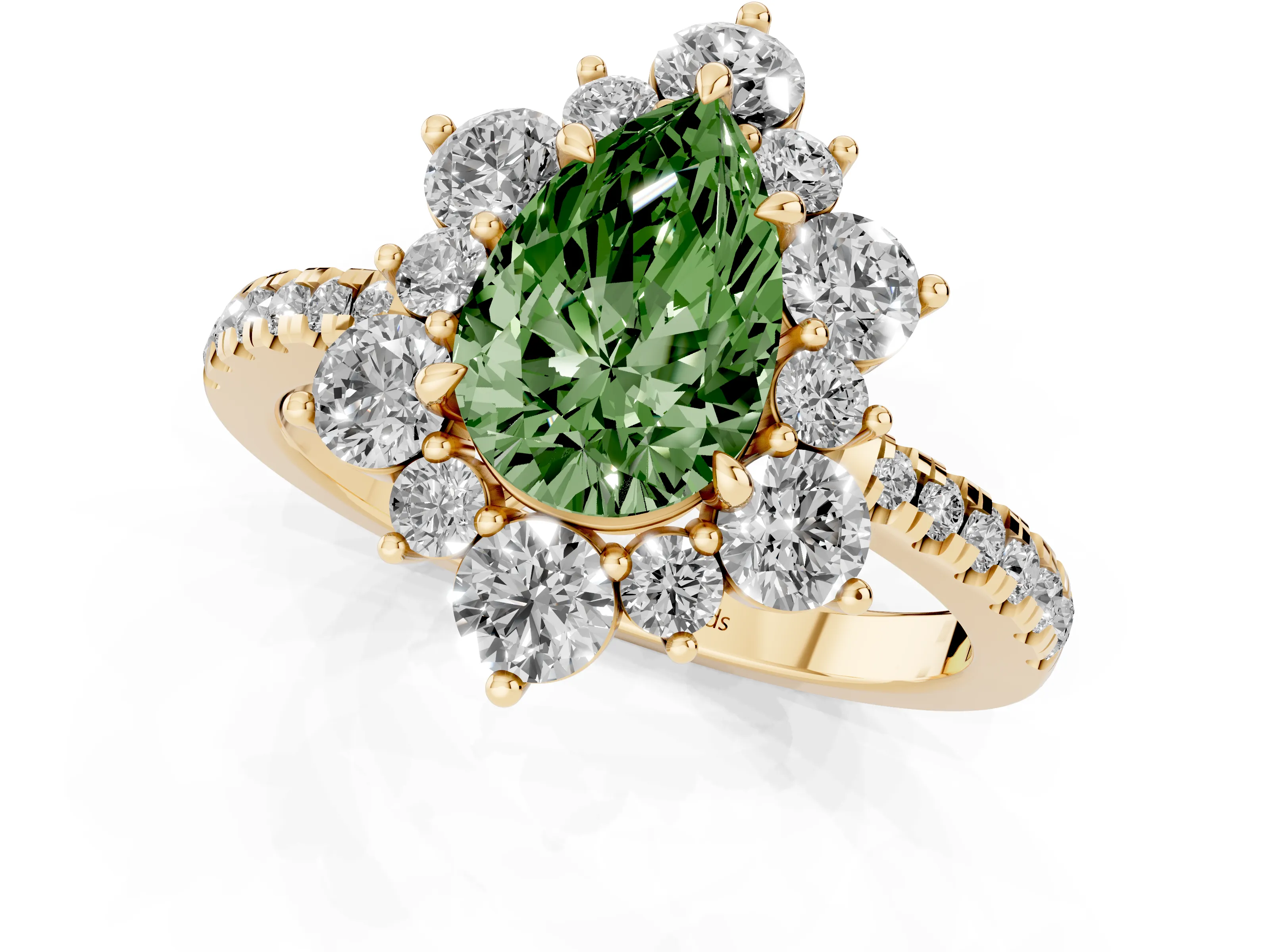 Fancy Green Pear Cut Diamond Floral Halo Ring Set in Yellow gold with Round Pavé Band and Prong Setting