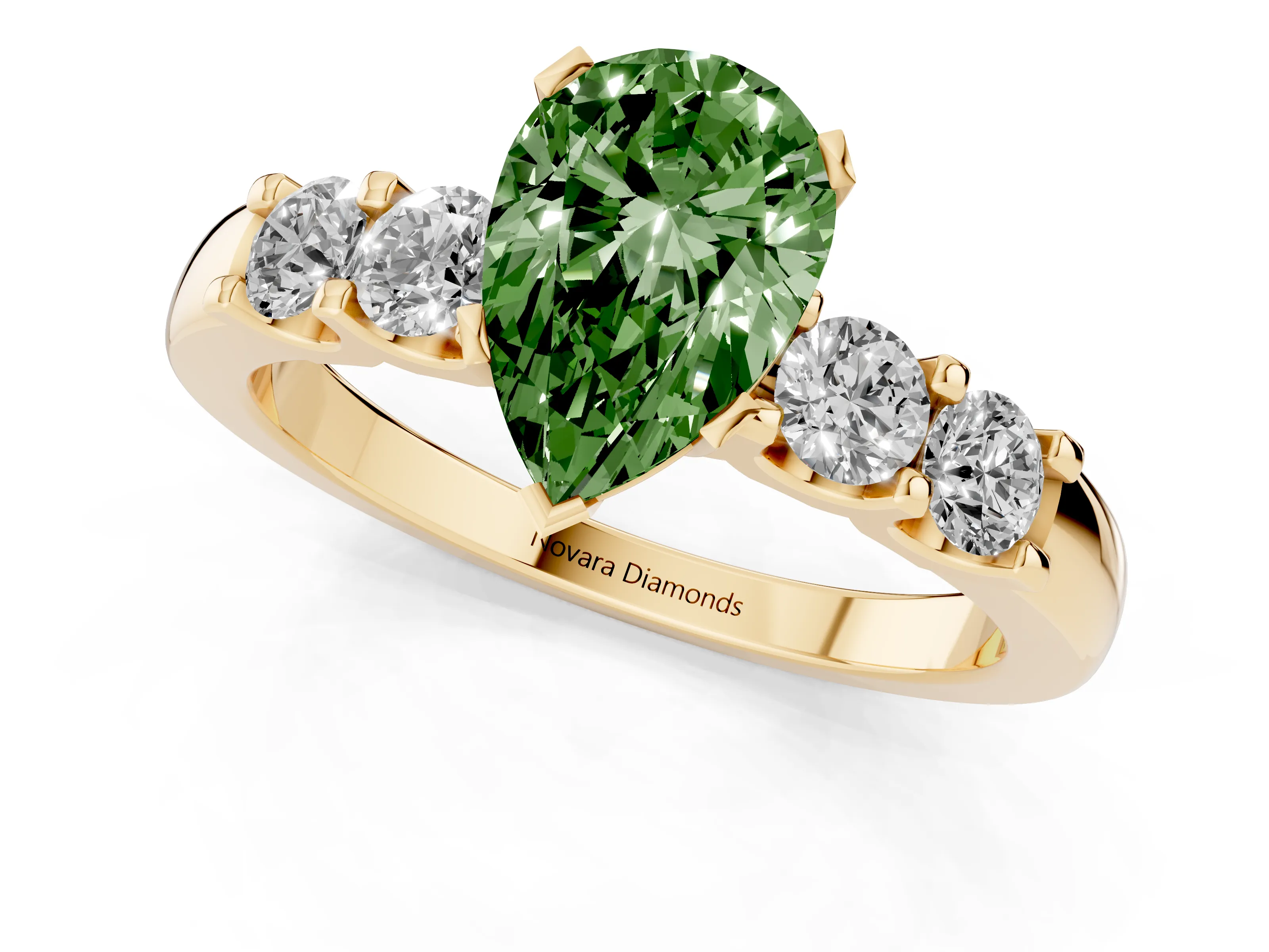 Fancy Green Pear Cut Diamond Five-Stone Prong Set Engagement Ring Set in Yellow gold with Channel Band