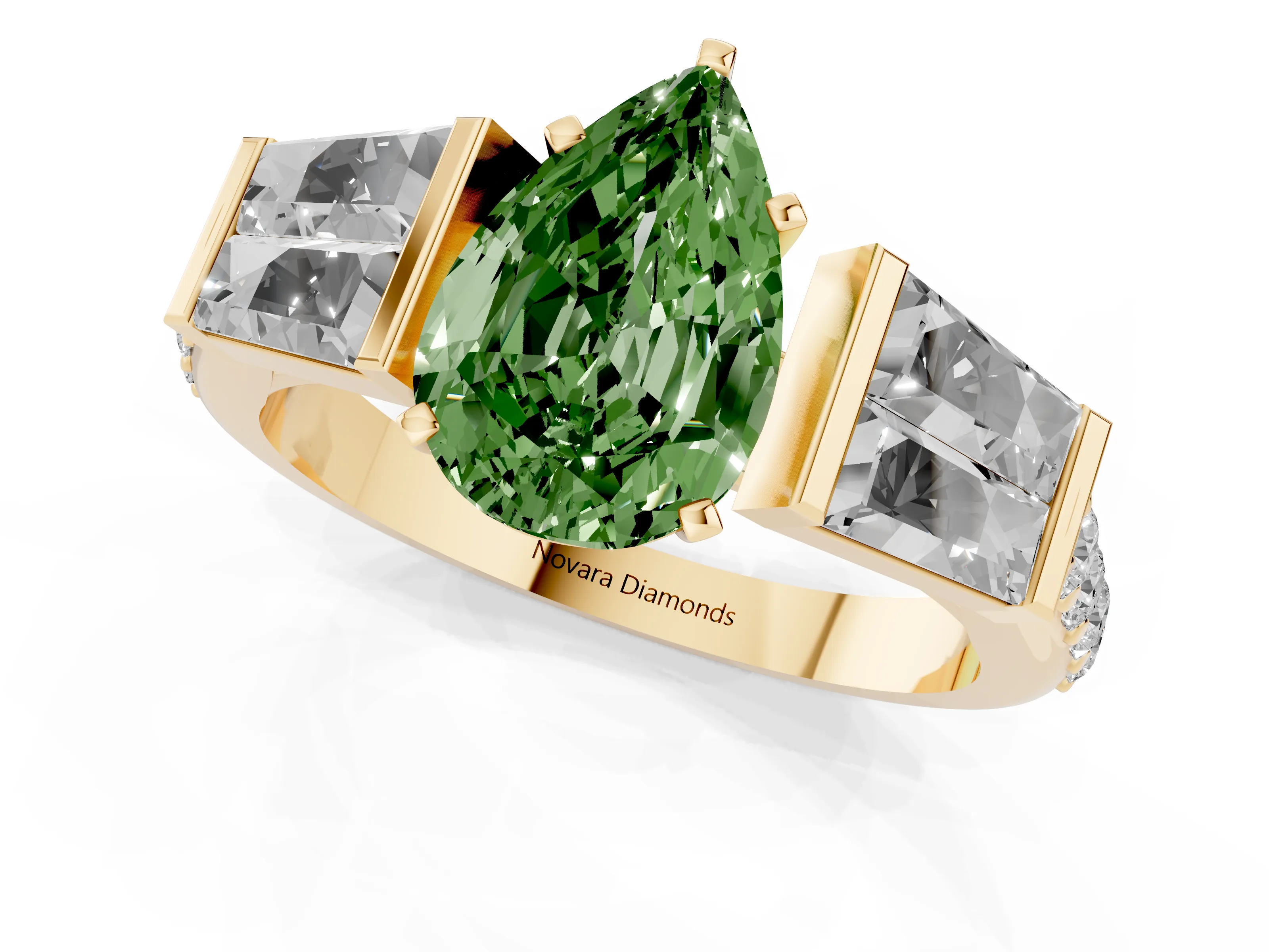 Fancy Green Pear Cut Diamond Engagement Ring Set in Yellow gold with Baguette Side Stones and Channel Set Band