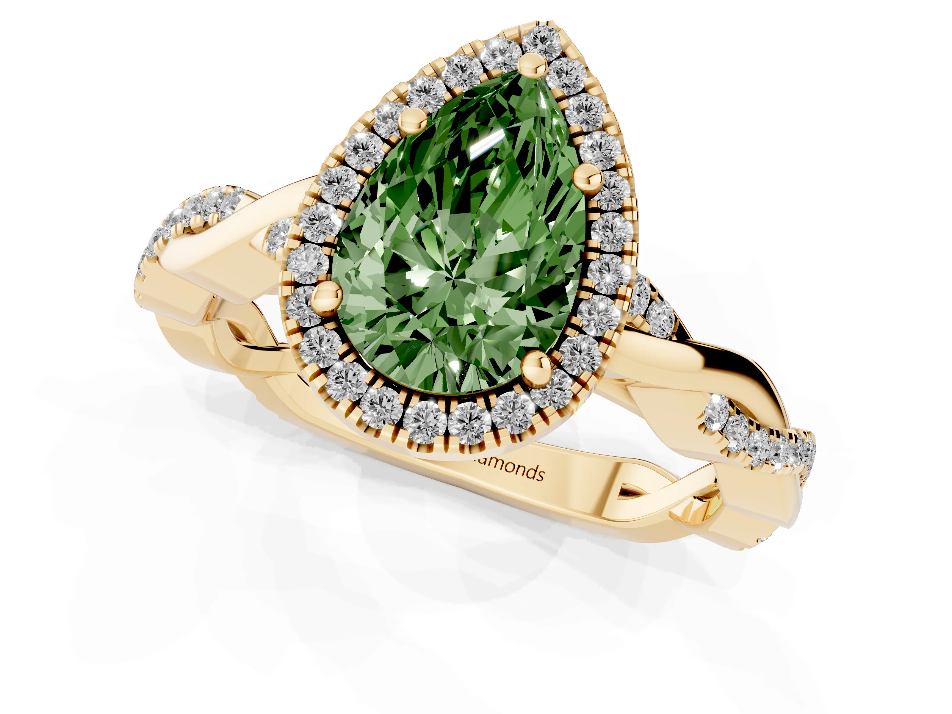 Fancy Green Pear Cut Diamond Halo Twisted Band Ring Set in Yellow gold with Prong Setting