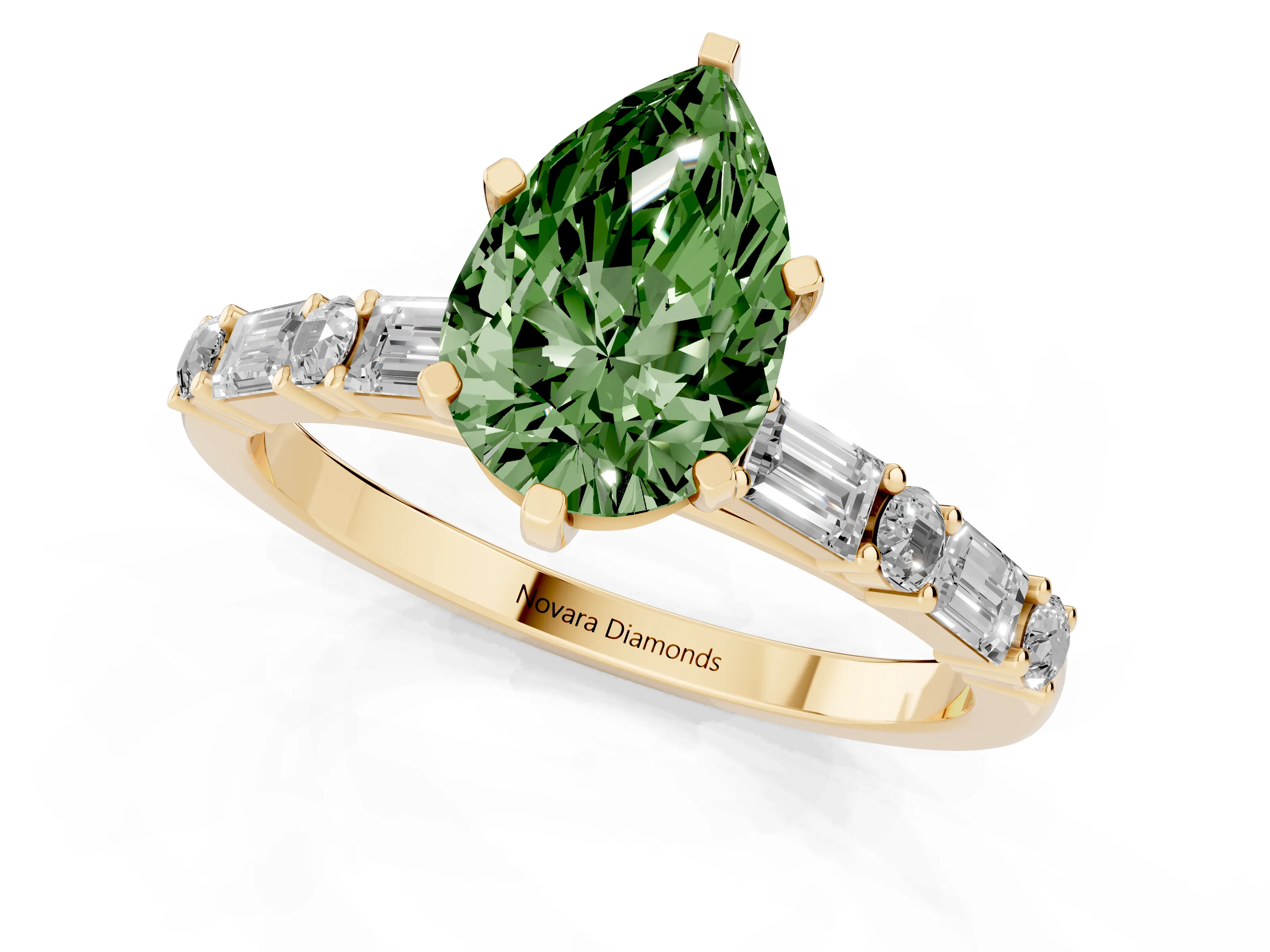 Fancy Green Pear Cut Diamond Solitaire Set in Yellow gold with Side Baguettes and Channel Set Band