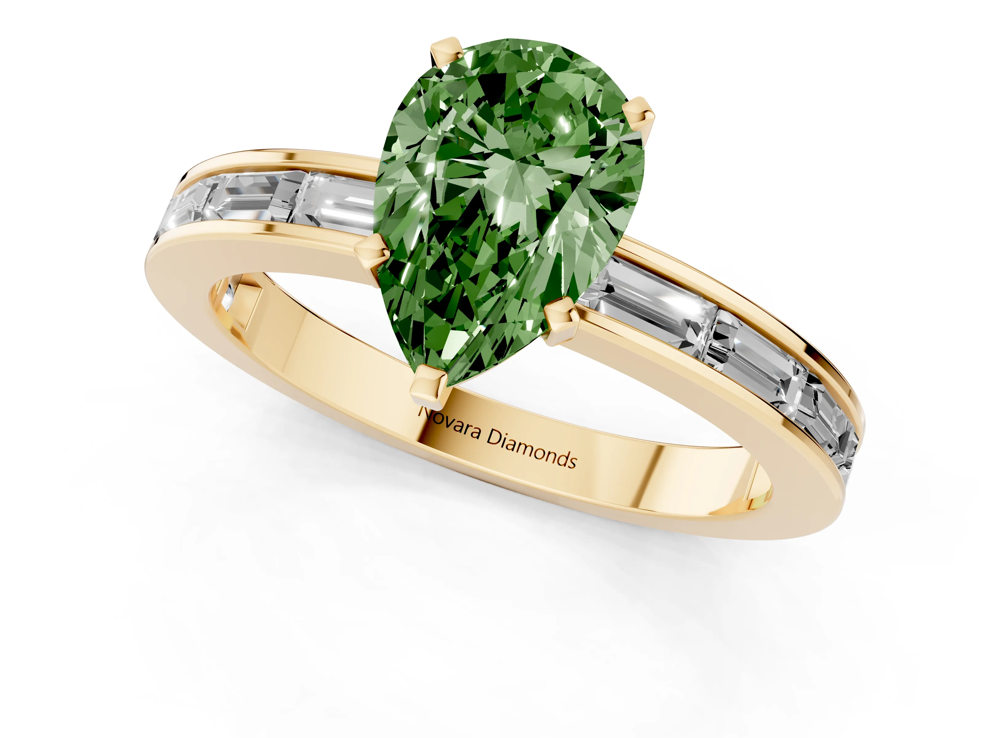 Fancy Green Pear Cut Diamond Solitaire Ring Set in Yellow gold with Channel-Set Baguette Band and Prong Setting