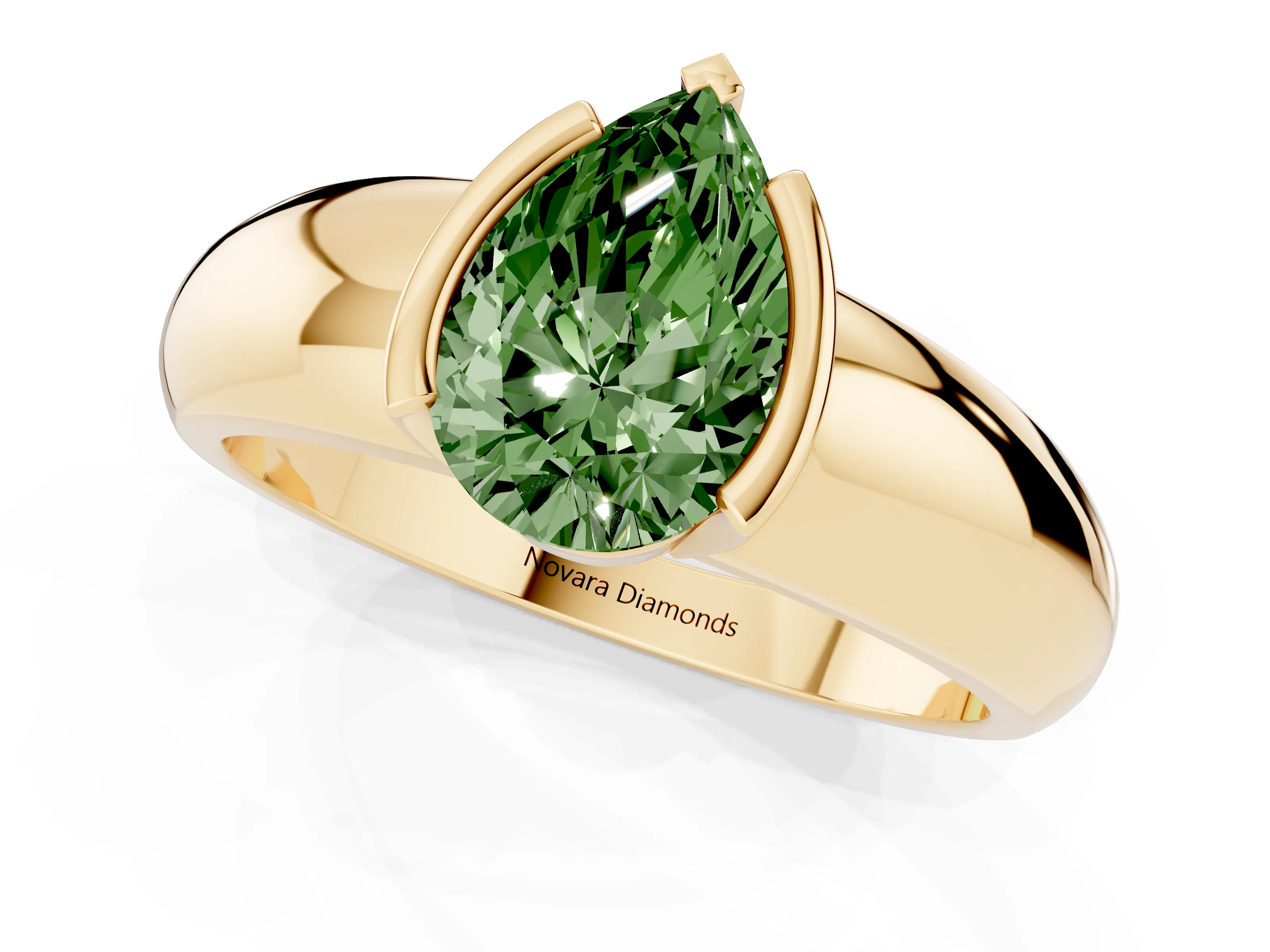 Fancy Green Pear Cut Diamond Solitaire Tension Set Ring Set in Yellow gold with Wide Band