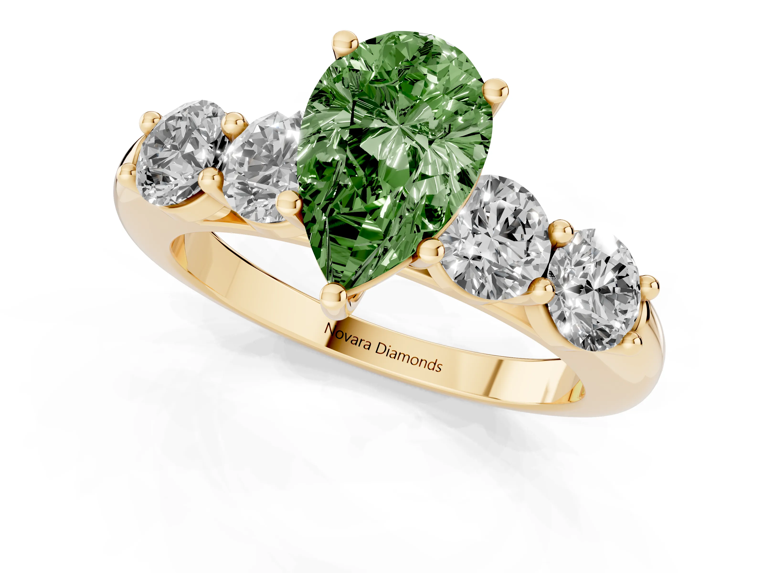 Fancy Green Pear Cut Diamond Five-Stone Prong Set Ring Set in Yellow gold with Classic Band