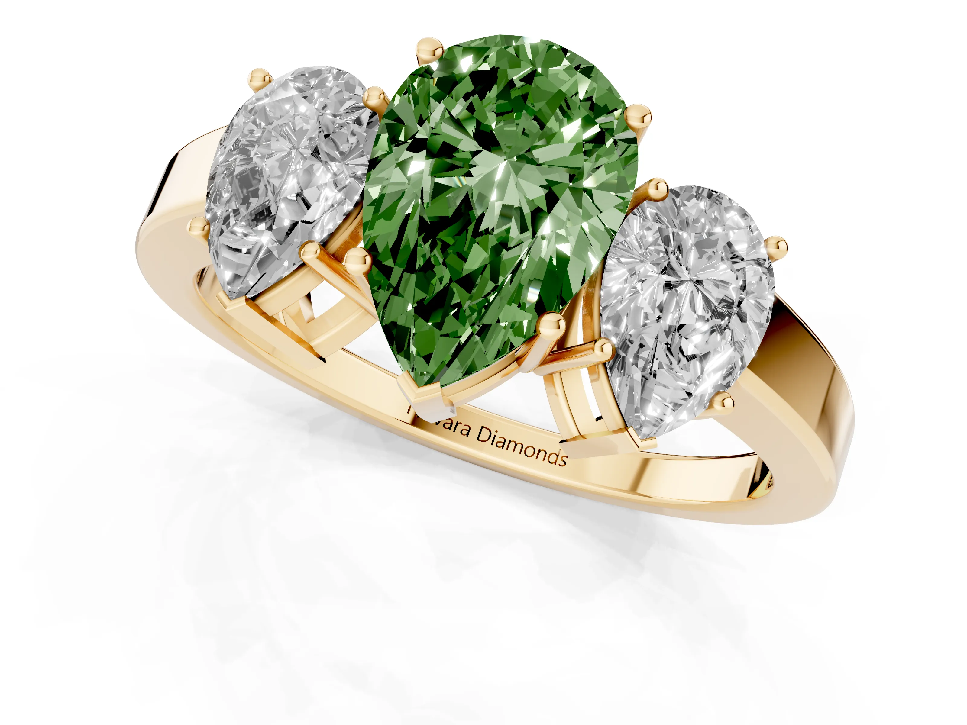 Fancy Green Pear Cut Diamond Three-Stone Engagement Ring Set in Yellow gold with Flat Band
