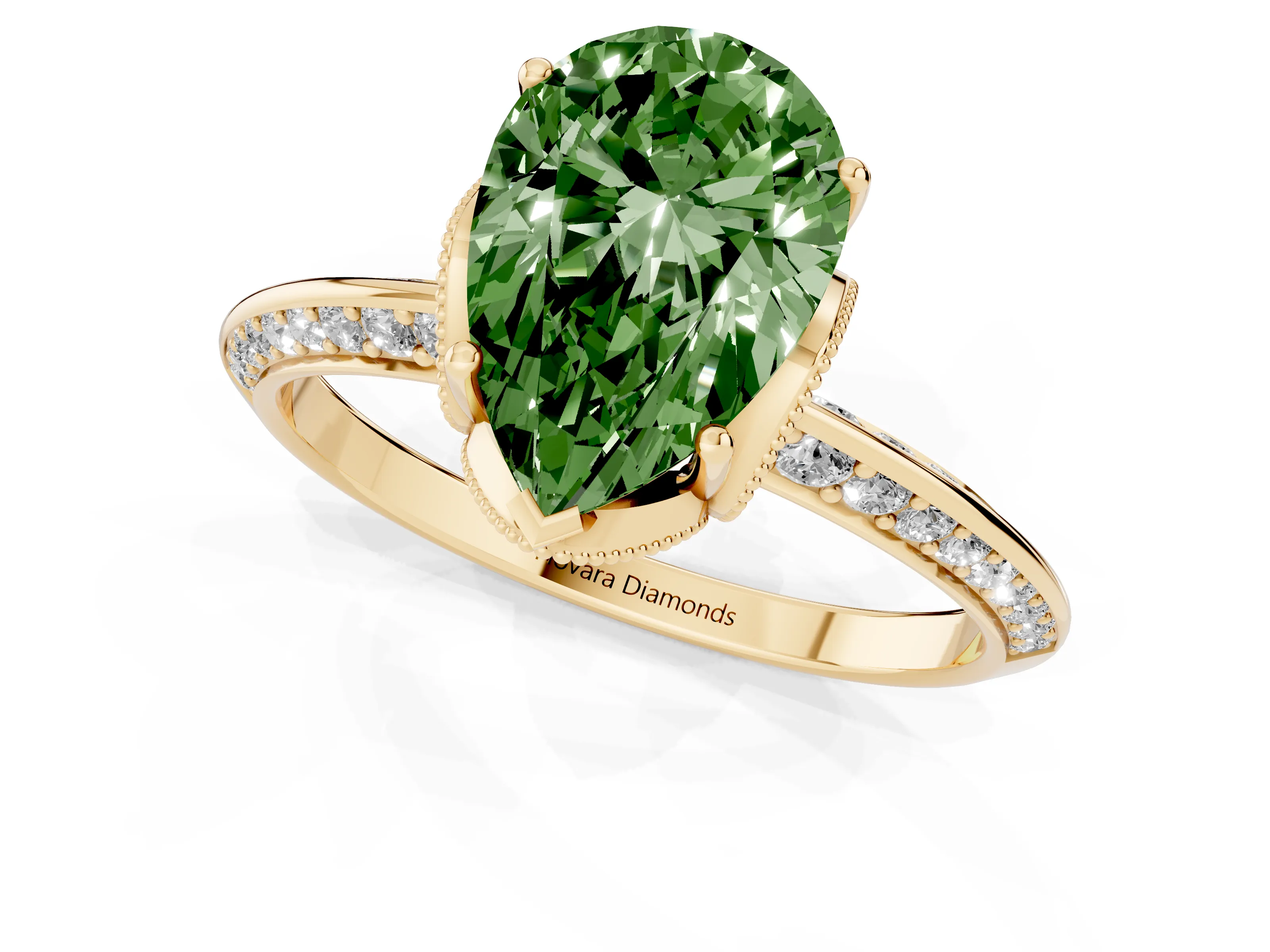 Fancy Green Pear Cut Diamond Solitaire Engagement Ring Set in Yellow gold with Pavé Split Shank and Prong Setting