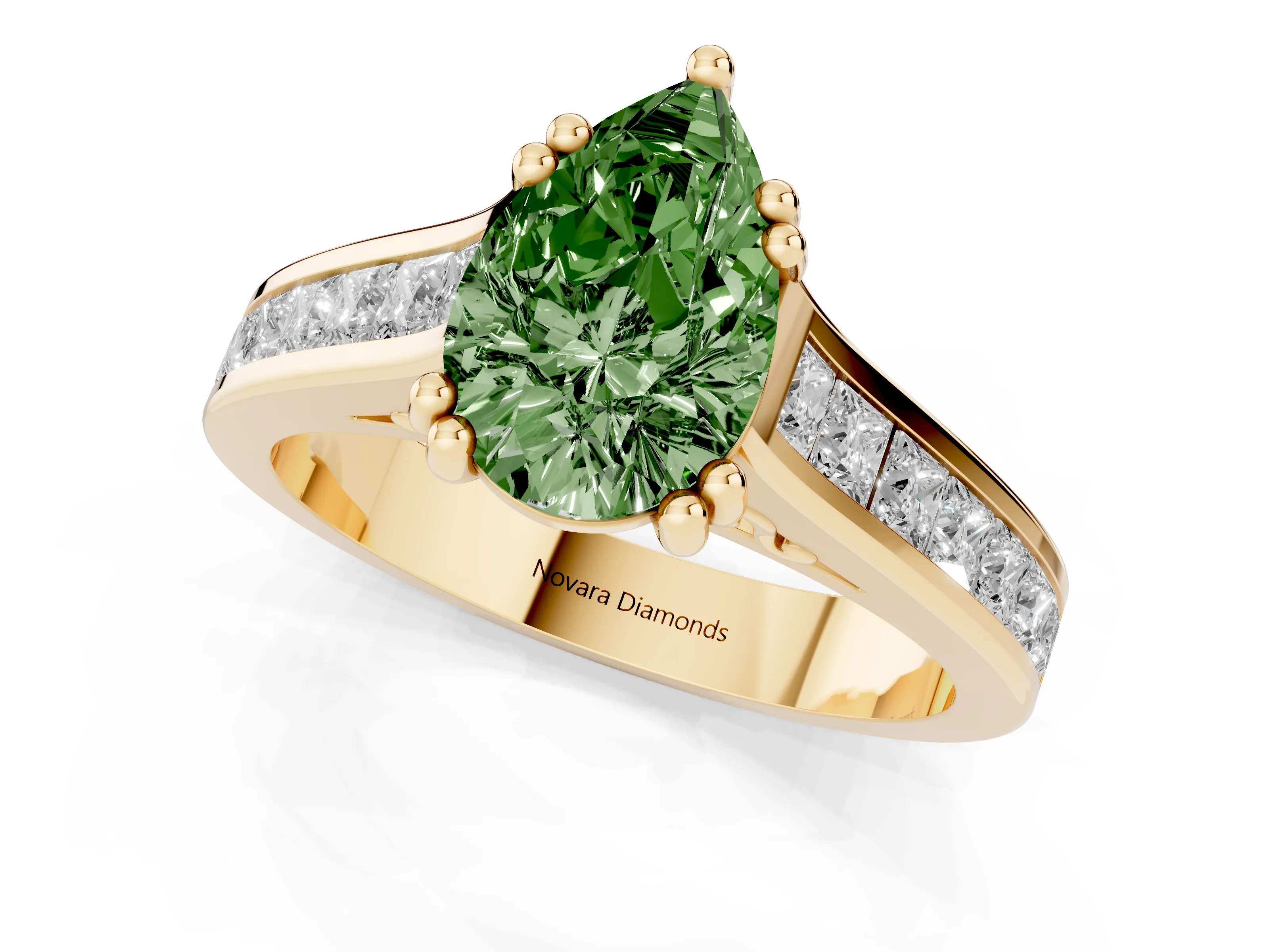 Fancy Green Pear Cut Diamond Channel Set Solitaire Engagement Ring Set in Yellow gold with Prong Setting