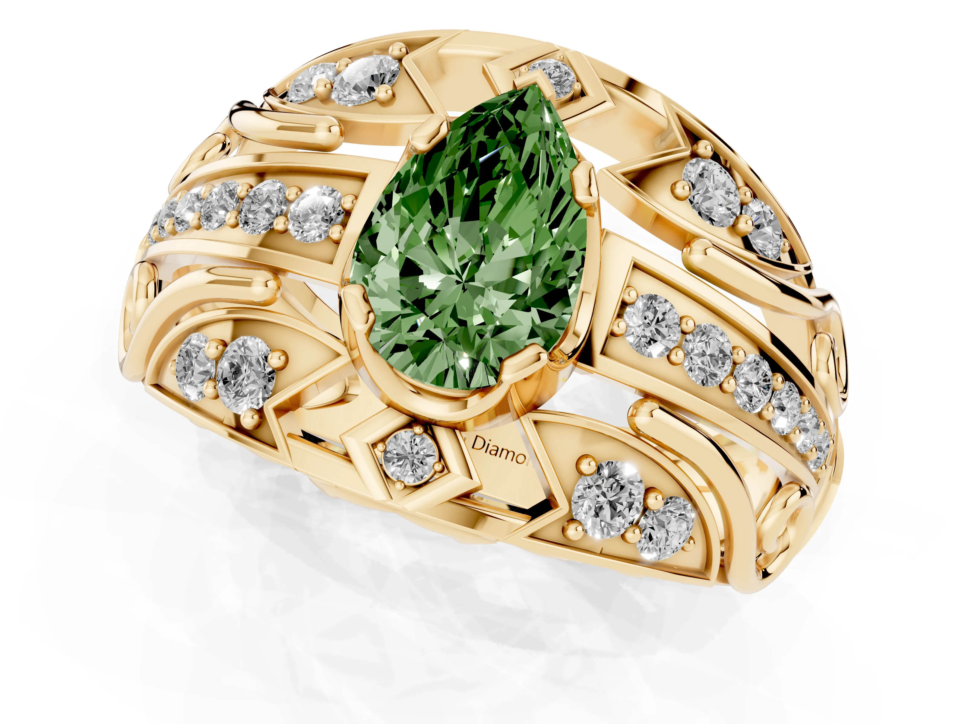 Fancy Green Pear Cut Diamond Art Deco Ring Set in Yellow gold with Pavé Split Shank