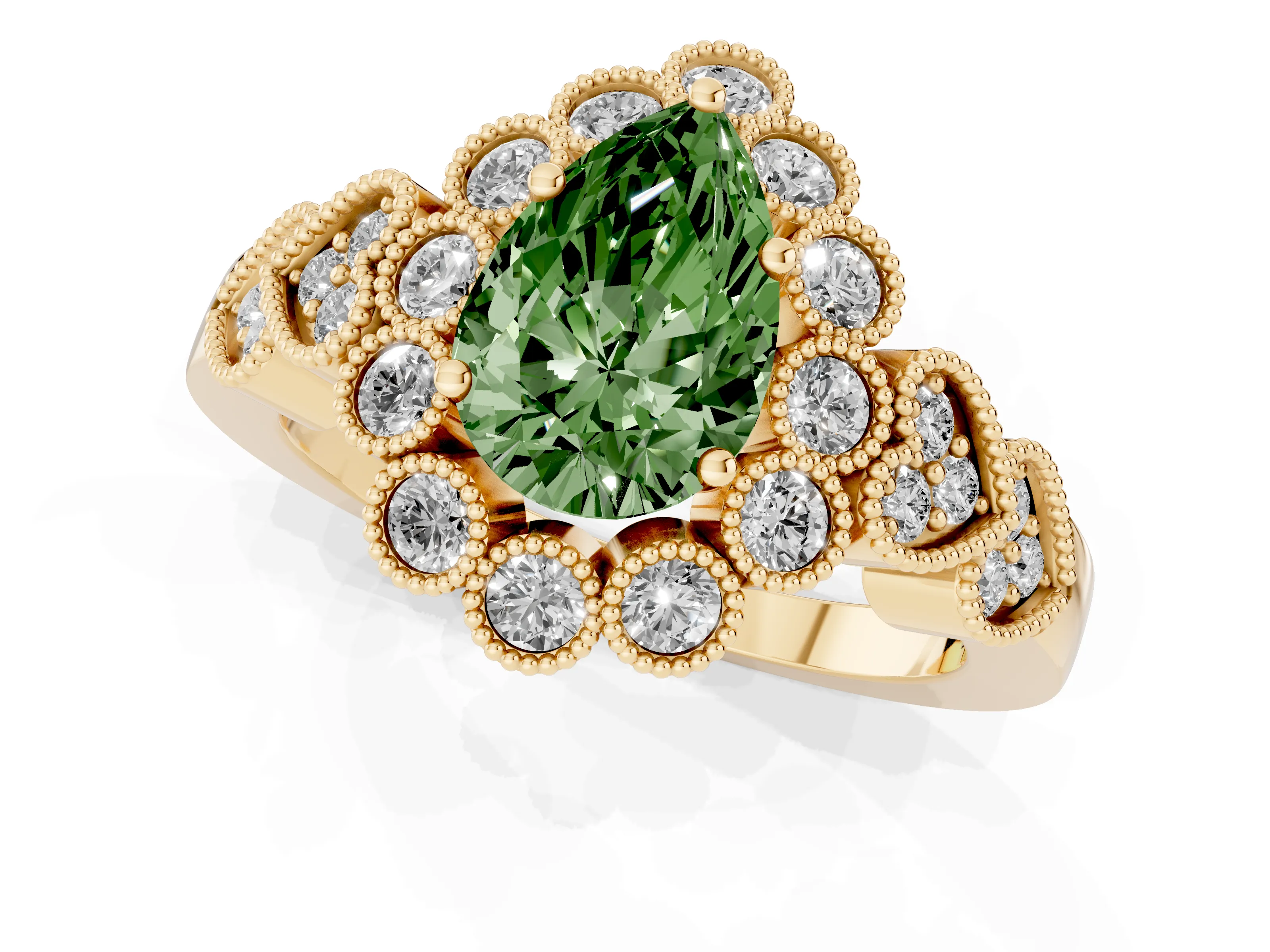 Fancy Green Pear Cut Diamond Solitaire Ring Set in Yellow gold with Milgrain Pavé Heart Band