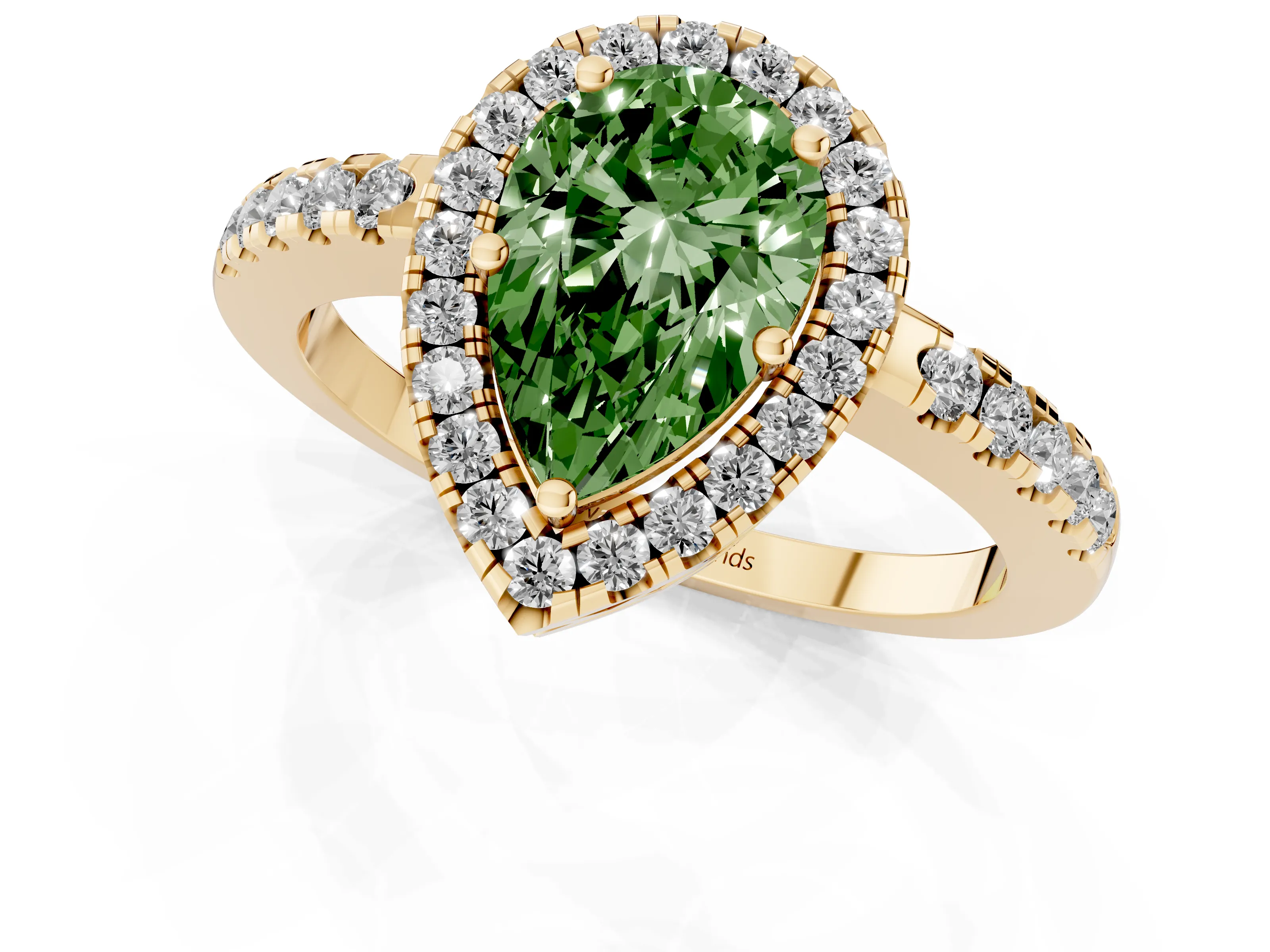 Fancy Green Pear Cut Diamond Pavé Band Halo Engagement Ring Set in Yellow gold with Prong Setting