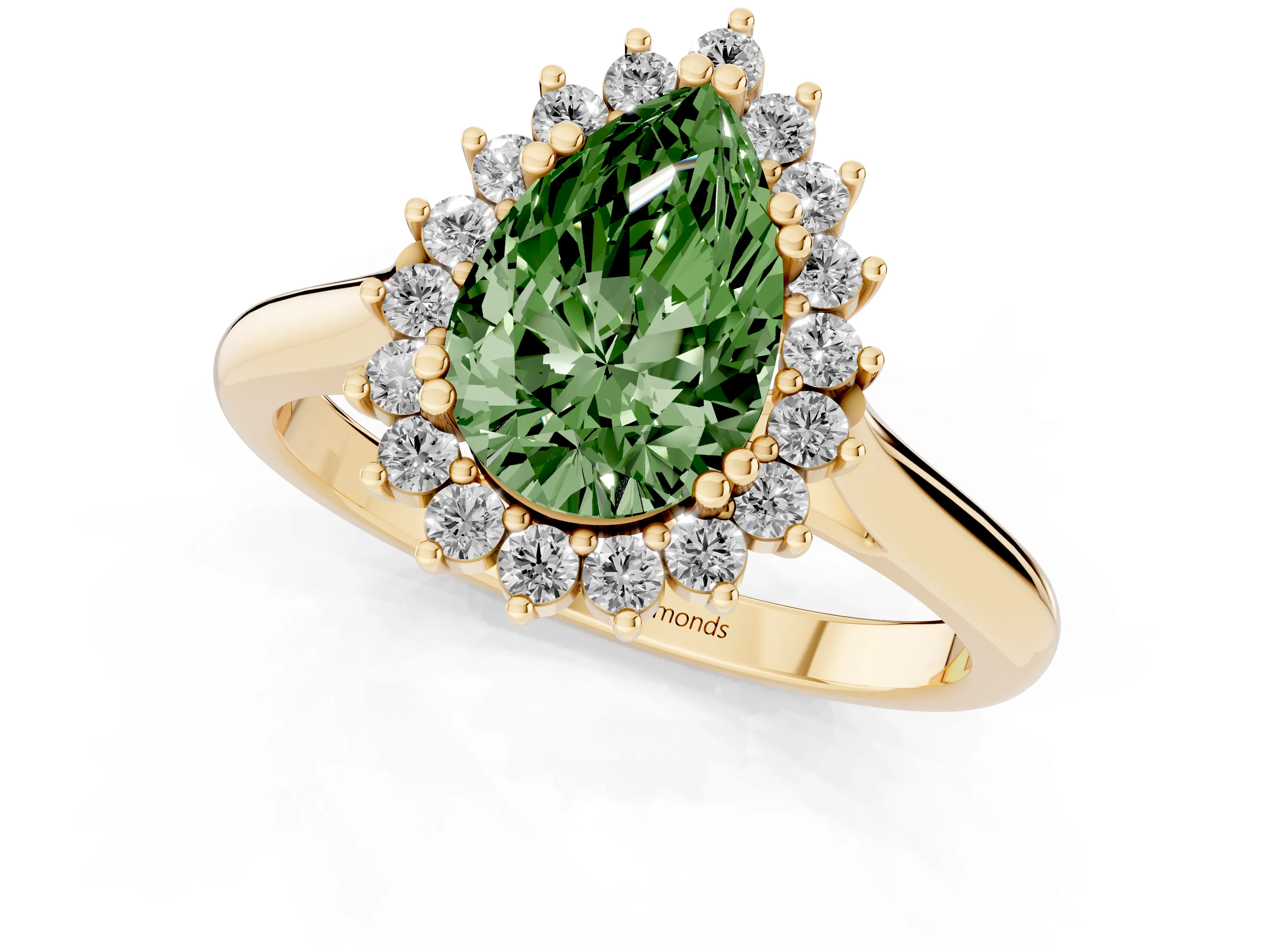 Fancy Green Pear Cut Diamond Halo Ring Set in Yellow gold with Plain Solitaire Band and Prong Setting