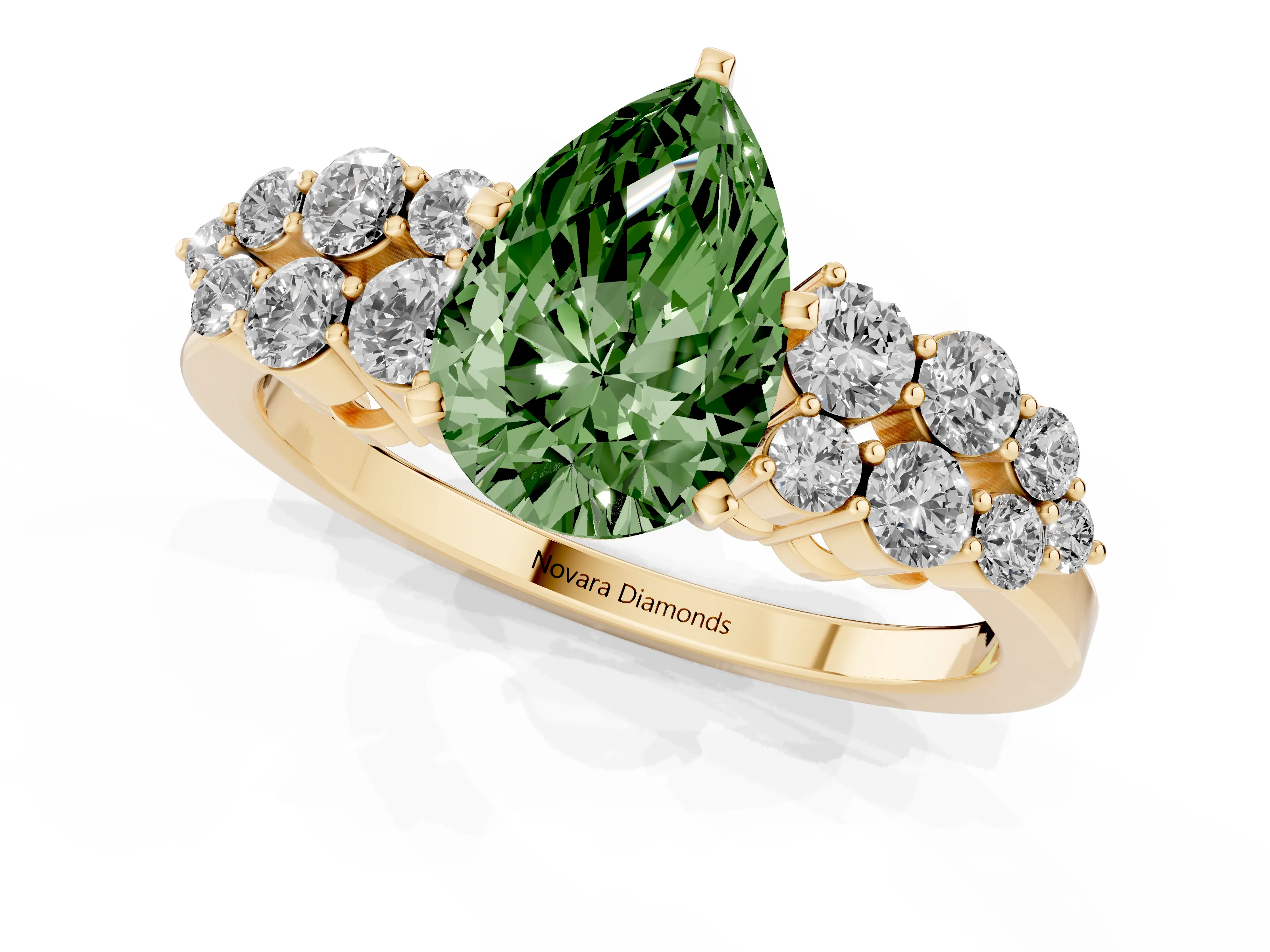 Fancy Green Pear Cut Diamond Cluster Engagement Ring Set in Yellow gold with Pavé Band and Prong Setting