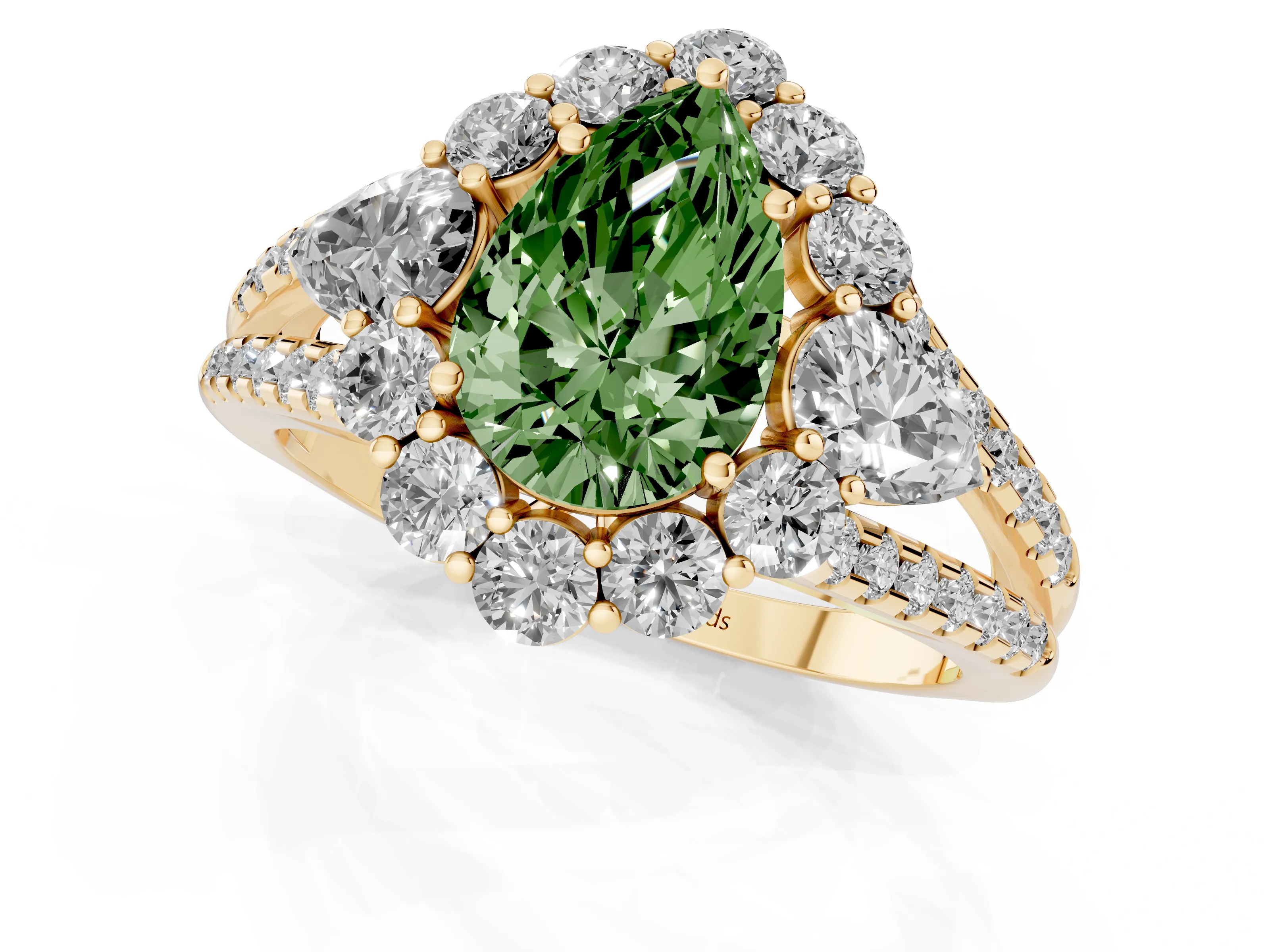 Fancy Green Pear Cut Diamond Halo Split Shank Engagement Ring Set in Yellow gold with Prong-Held Center Stone