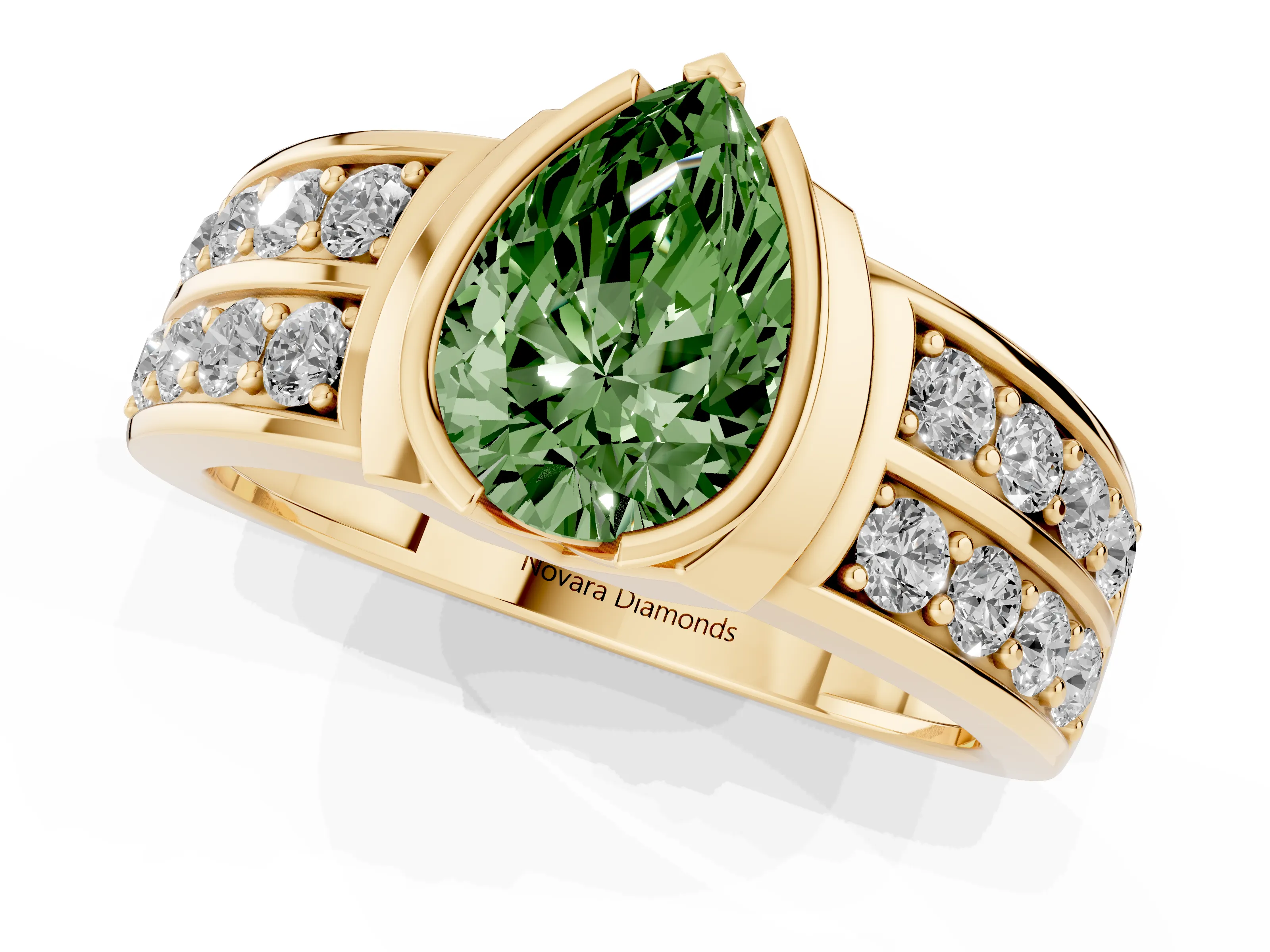 Fancy Green Pear Cut Diamond Wide Channel Set Band Ring Set in Yellow gold with Bezel Setting