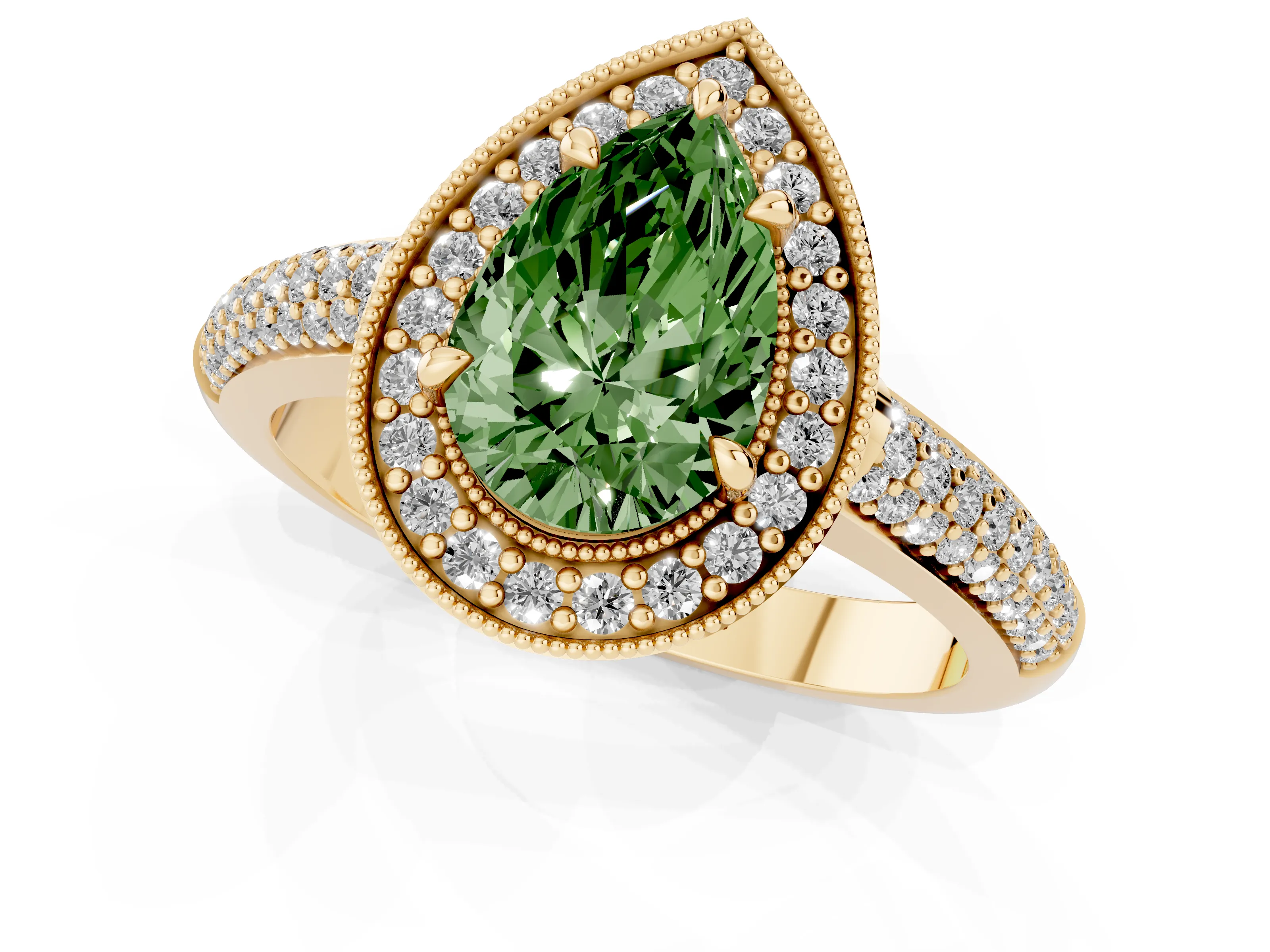 Fancy Green Pear Cut Diamond Halo Pavé Band Set in Yellow gold with Prong Setting
