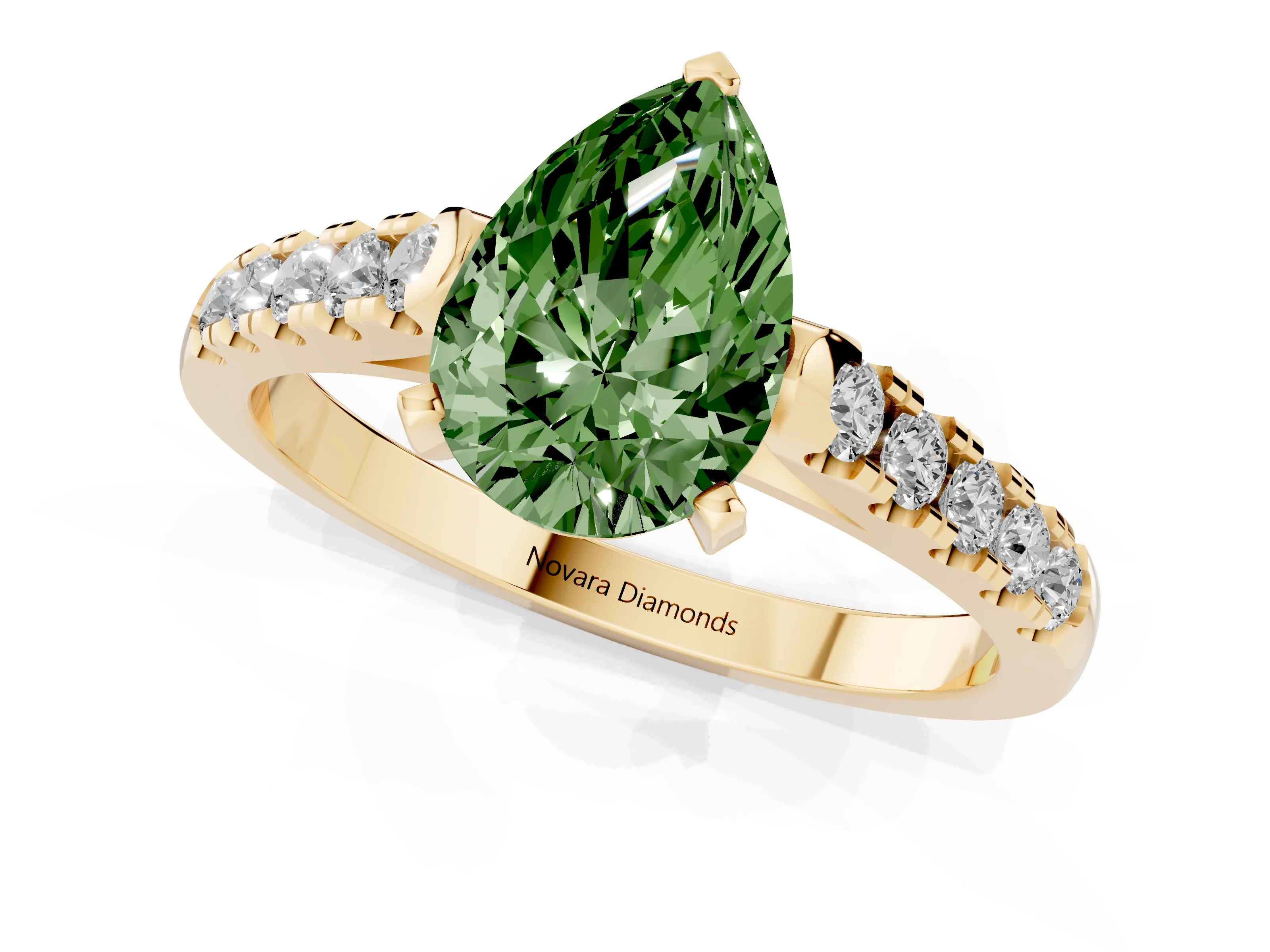Fancy Green Pear Cut Diamond Pavé Band Solitaire Ring Set in Yellow gold with Partway Accent Stones and Prong Setting