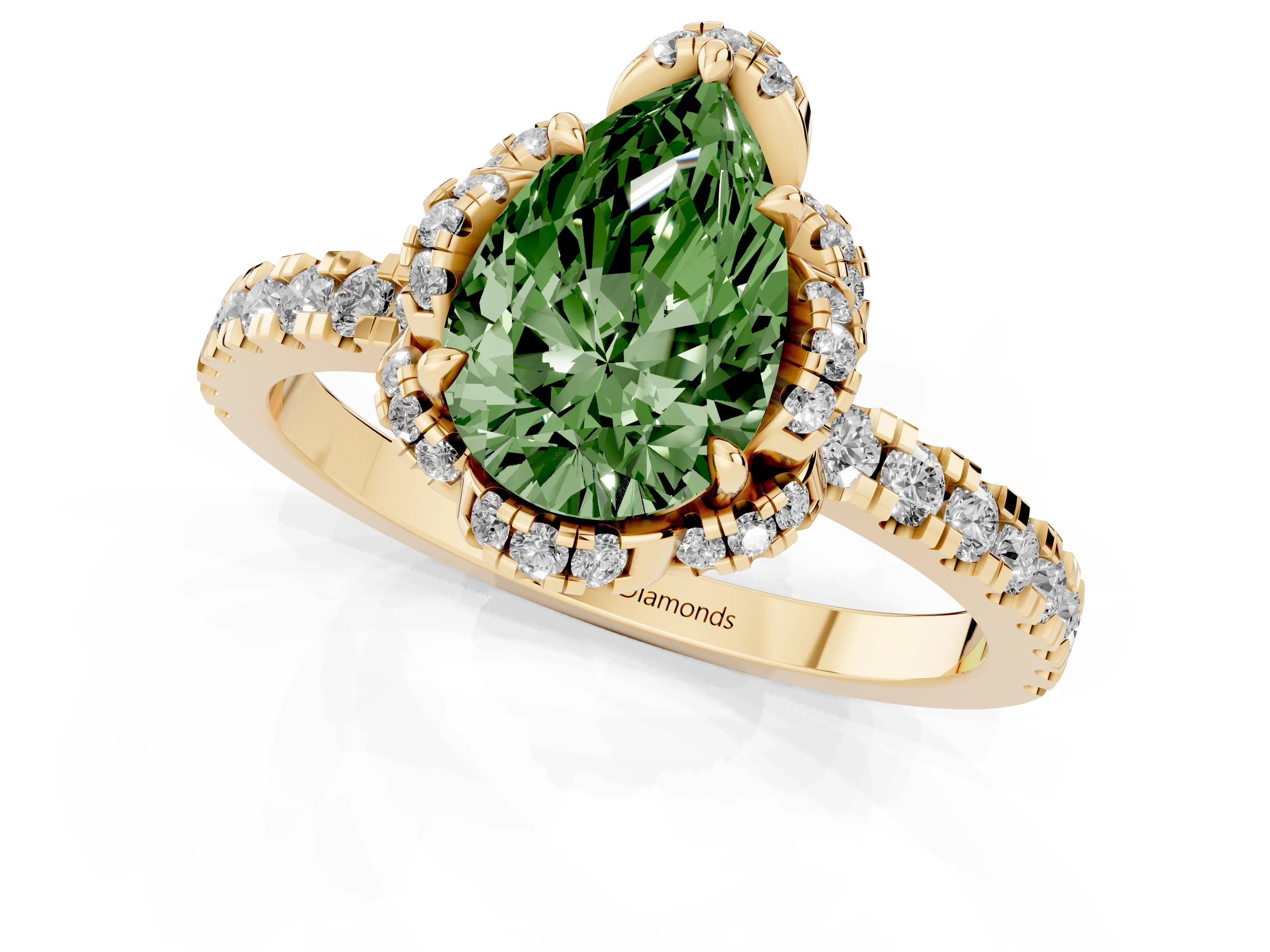 Fancy Green Pear Cut Diamond Halo Pavé Band Ring Set in Yellow gold with Prong-Held Center