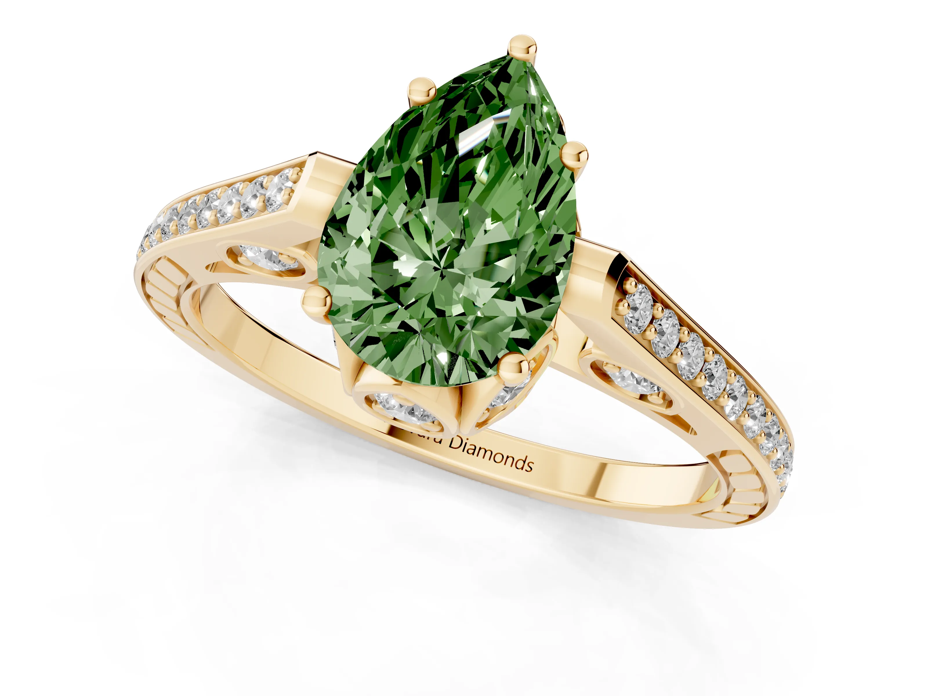 Fancy Green Pear Cut Diamond Cathedral Pavé Engagement Ring Set in Yellow gold with Prong Setting