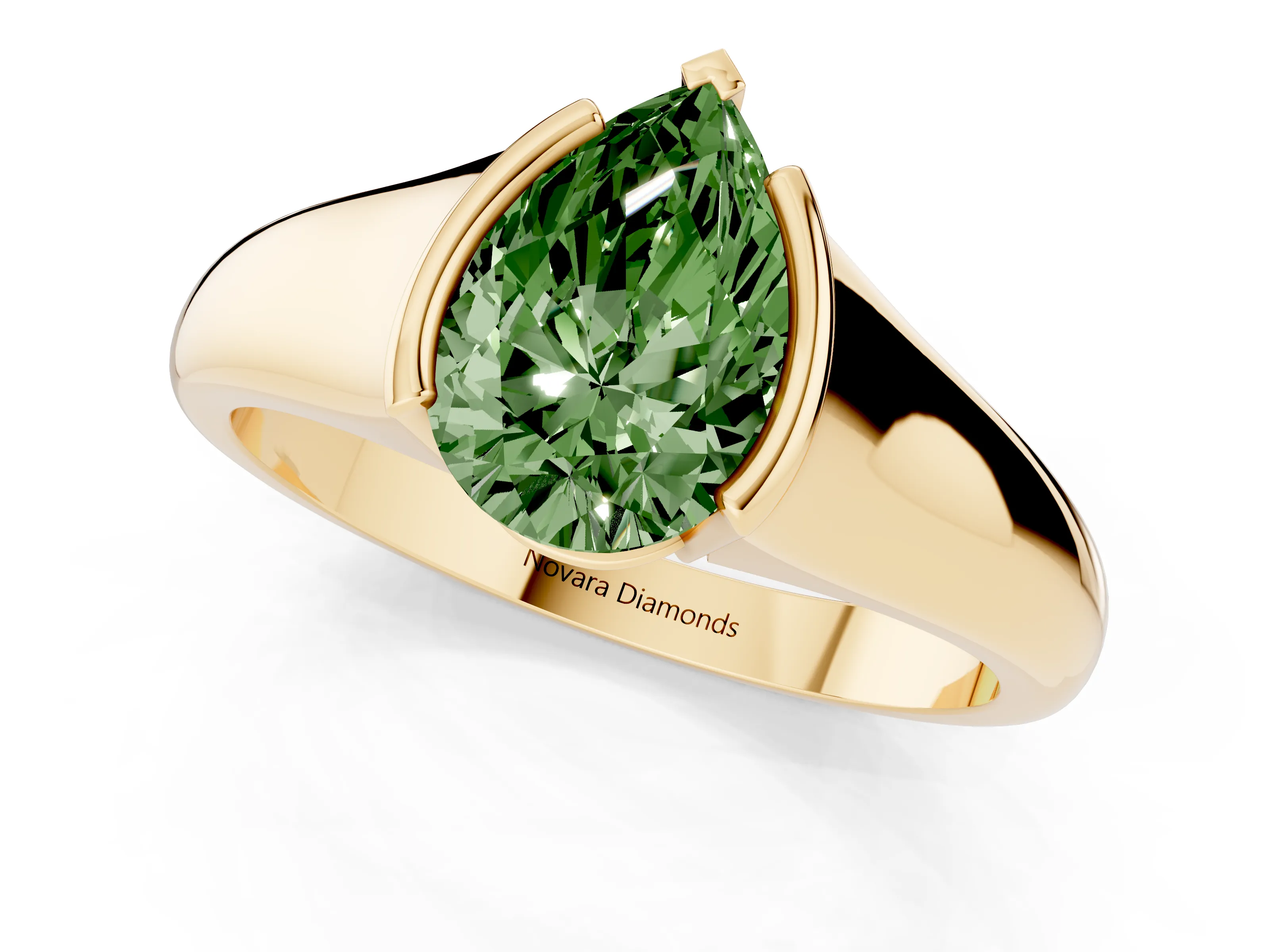 Fancy Green Pear Cut Diamond Solitaire Tension Set Ring Set in Yellow gold with Split Shank Band