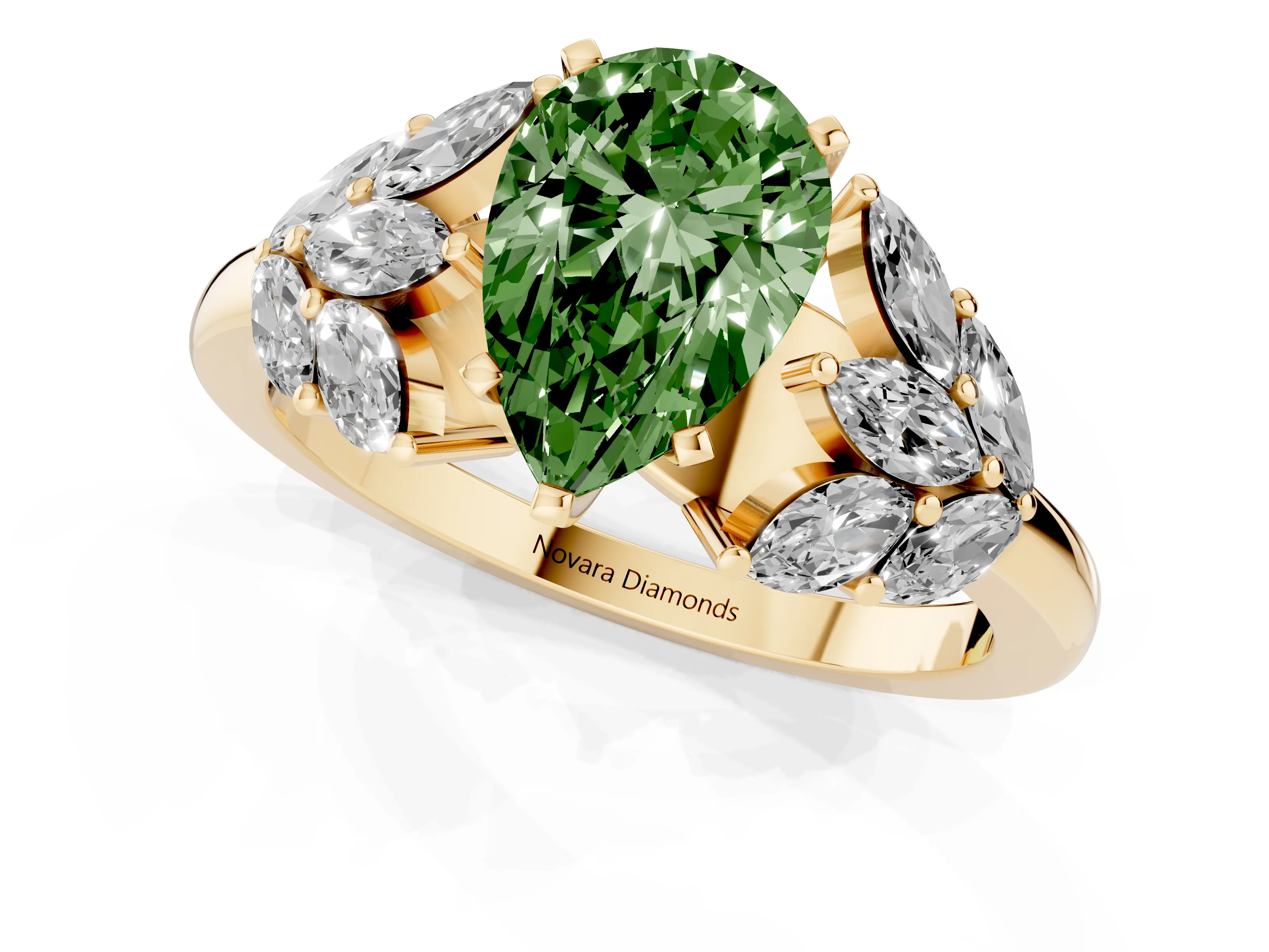 Fancy Green Pear Cut Diamond Cluster Leaf Design Ring Set in Yellow gold with Prong Setting