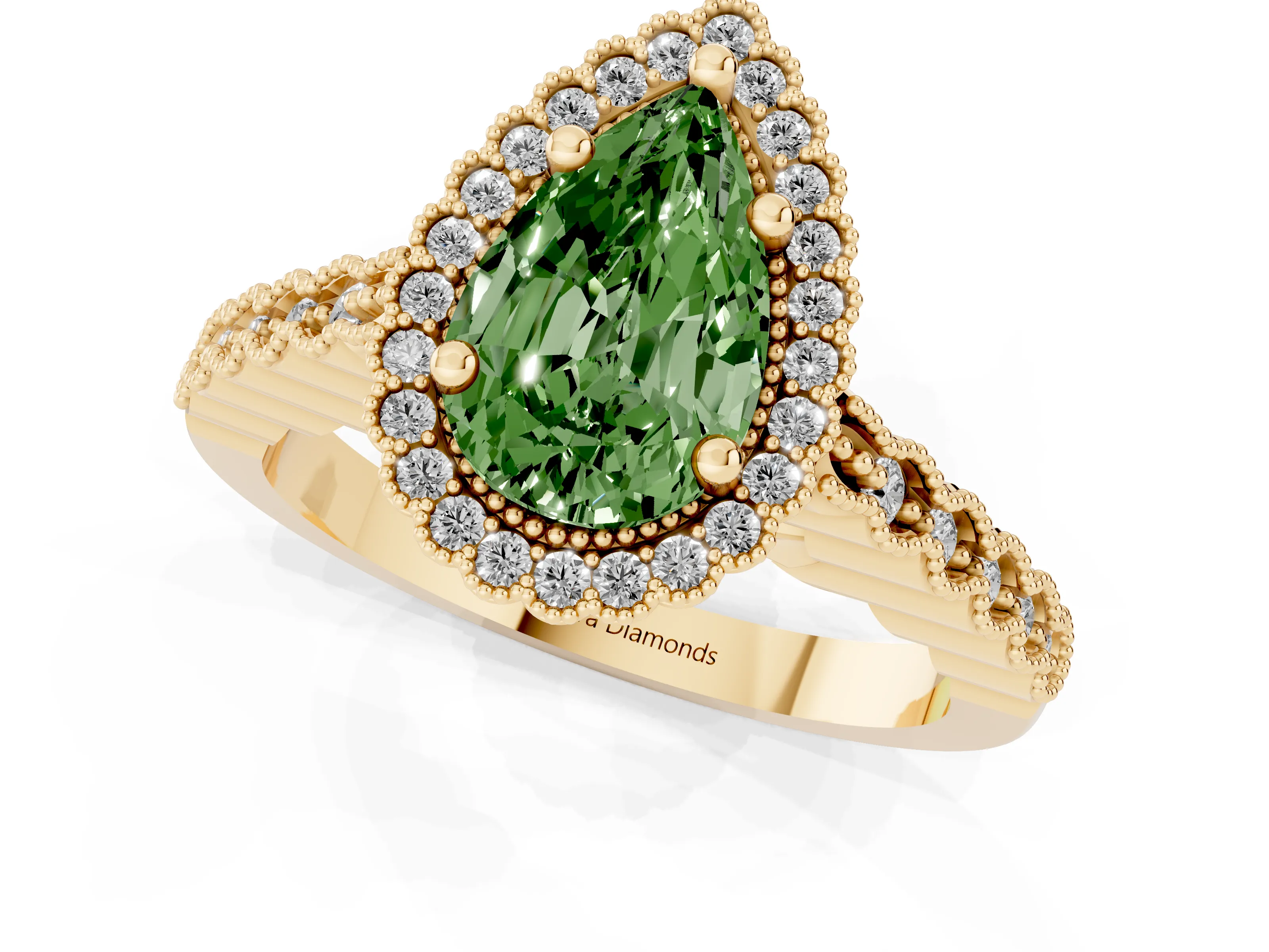 Fancy Green Pear Cut Diamond Halo Ring Set in Yellow gold with Pavé Milgrain Band