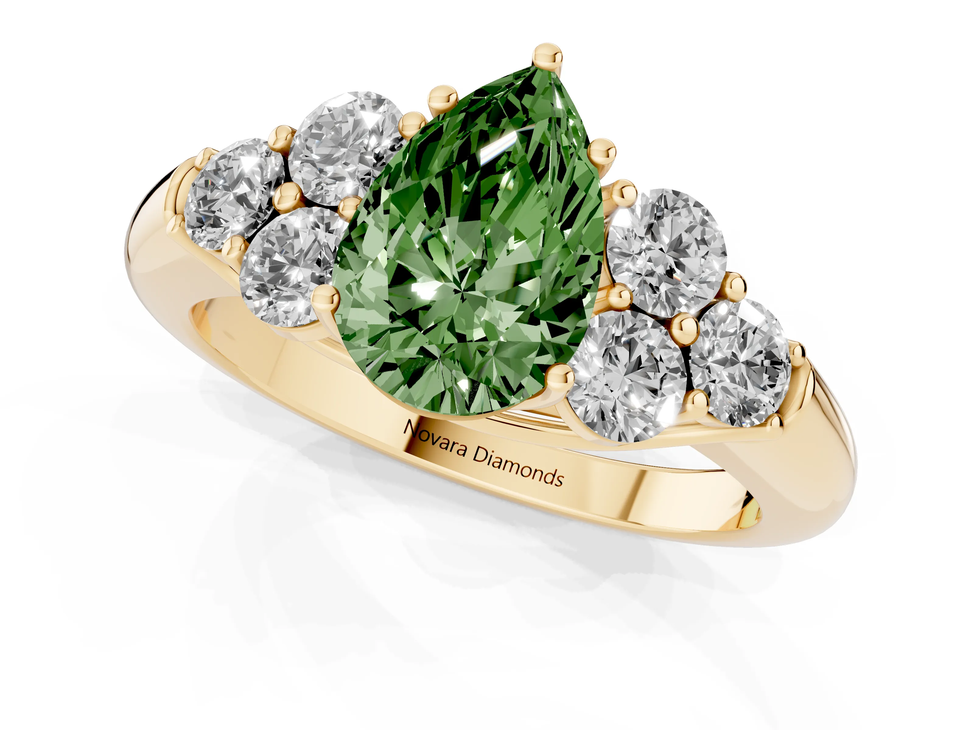 Fancy Green Pear Cut Diamond Cluster Ring Set in Yellow gold with Round Accent Stones and Prong Setting on a Plain Band