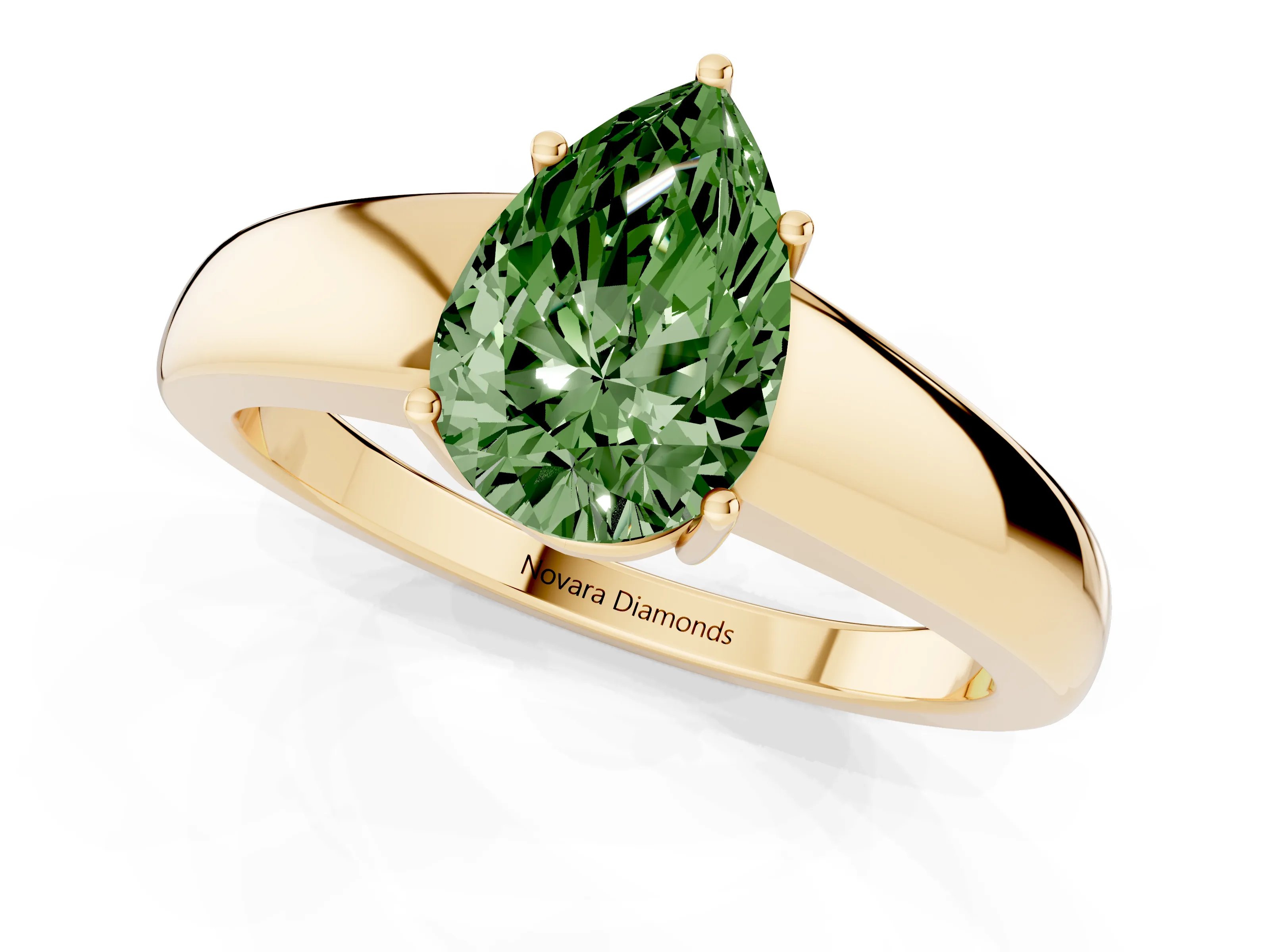 Fancy Green Pear Cut Diamond Solitaire Ring Set in Yellow gold with Tapered Band and Prong Setting