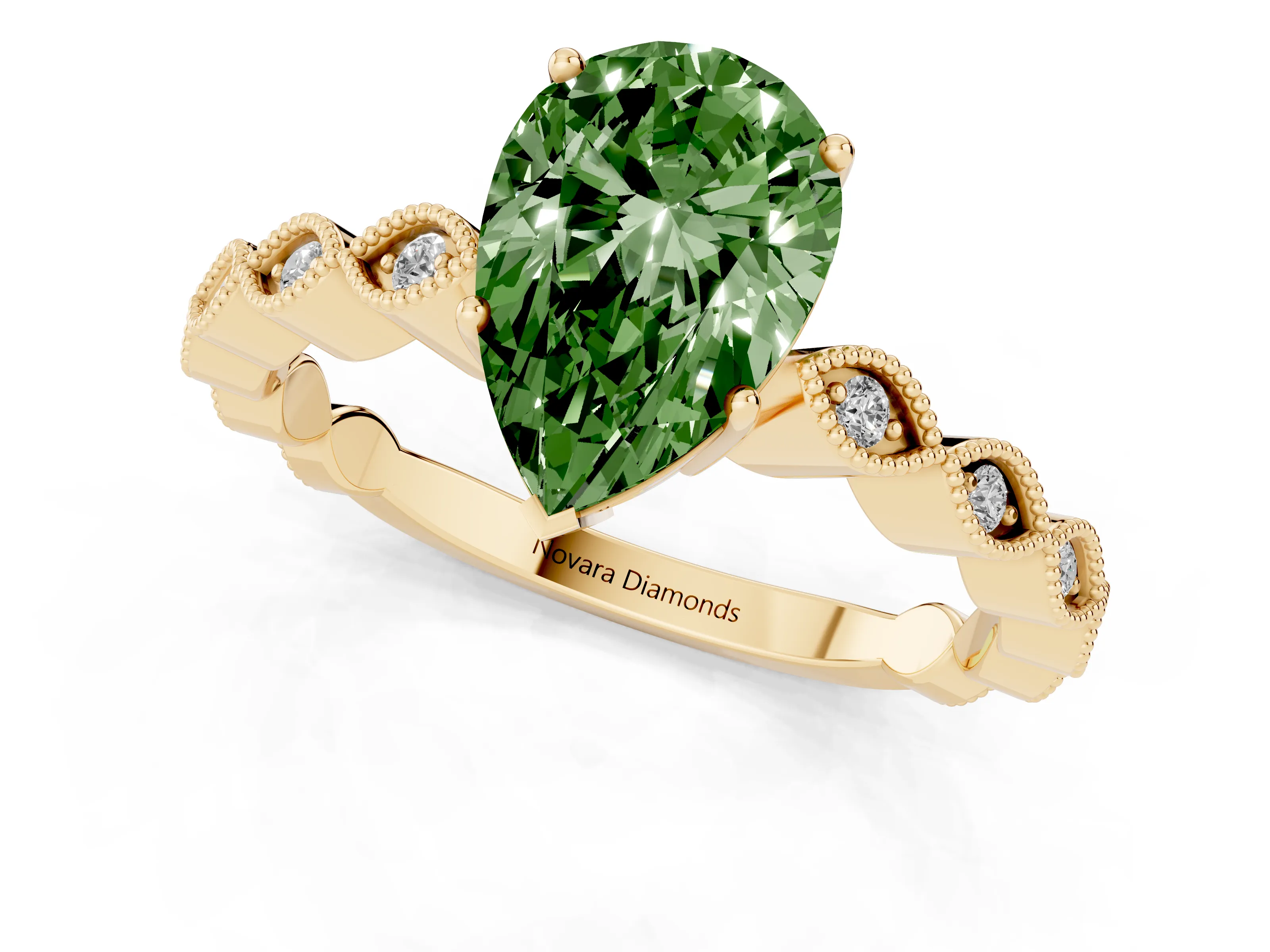 Fancy Green Pear Cut Diamond Solitaire Ring Set in Yellow gold with Infinity Twist Pavé Band