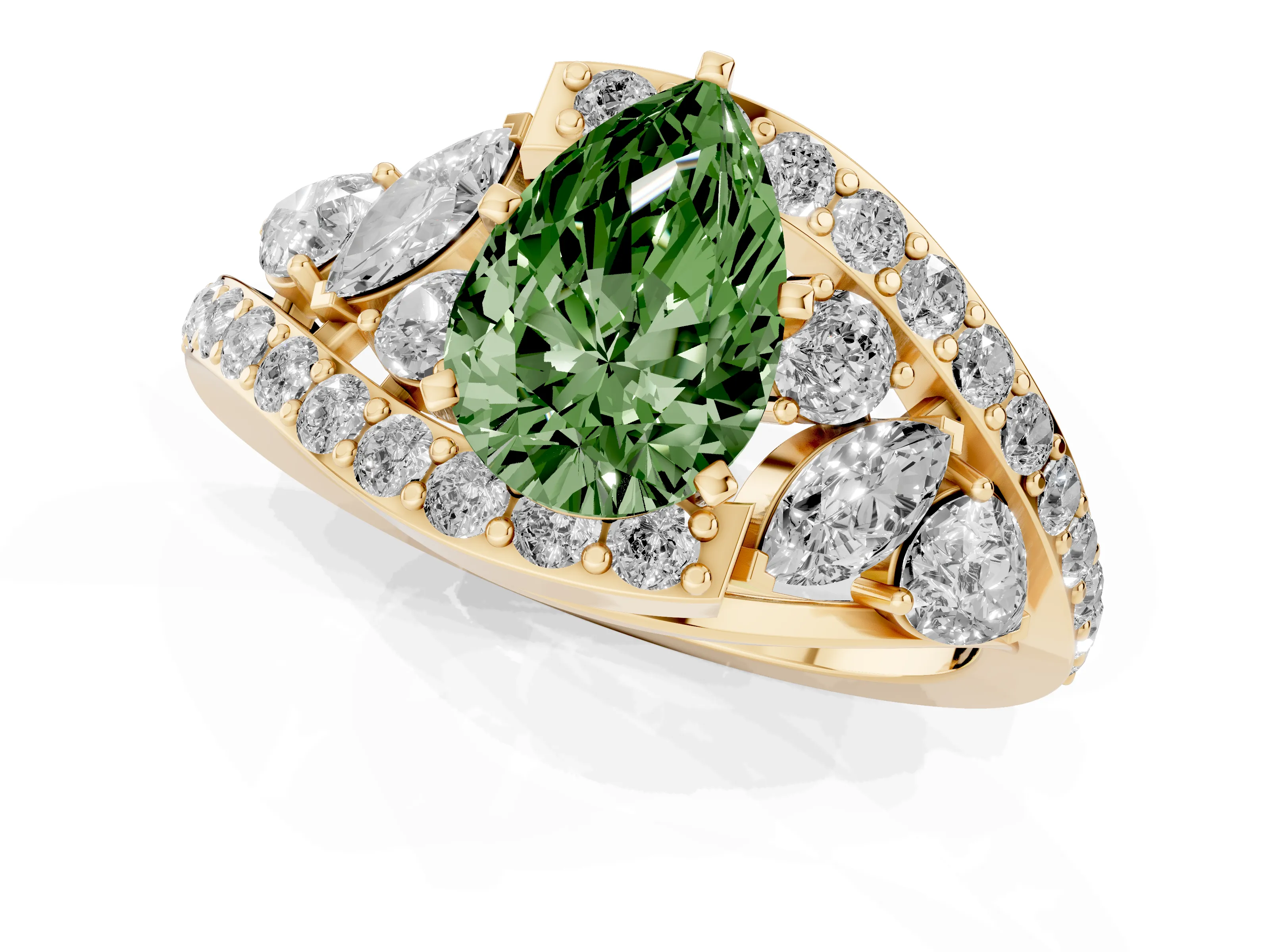 Fancy Green Pear Cut Diamond Halo Ring Set in Yellow gold with Marquise and Pavé Band in Prong Setting