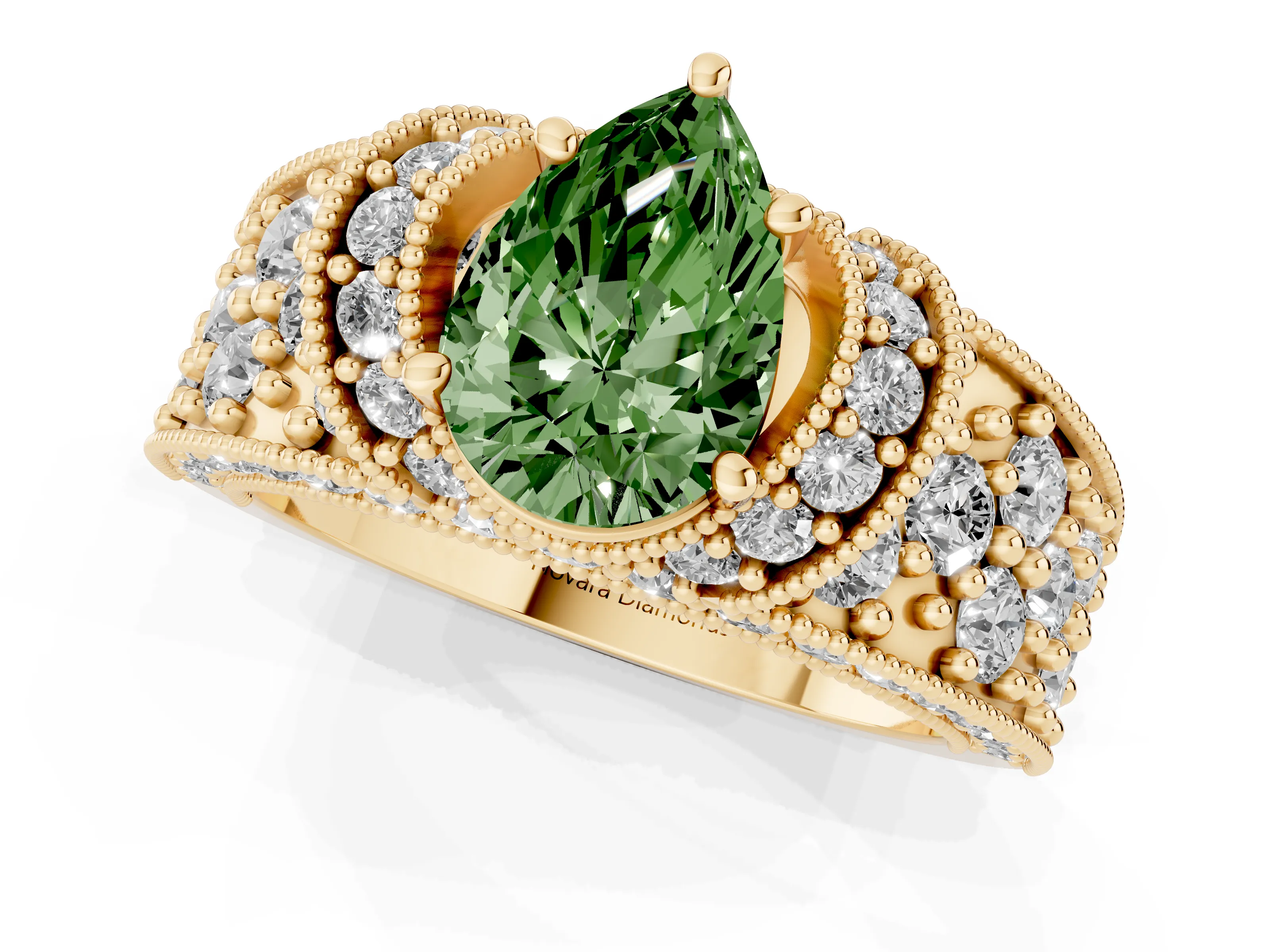Fancy Green Pear Cut Diamond Milgrain Halo Pavé Engagement Ring Set in Yellow gold with Prong Setting