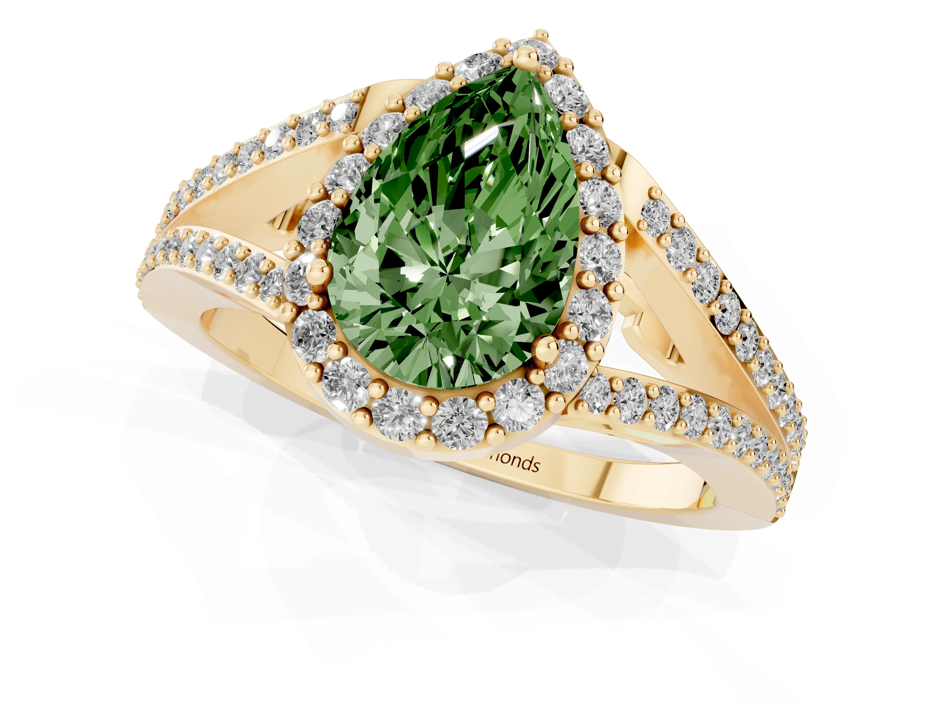 Fancy Green Pear Cut Diamond Halo Split Shank Pavé Ring Set in Yellow gold with Prong Setting