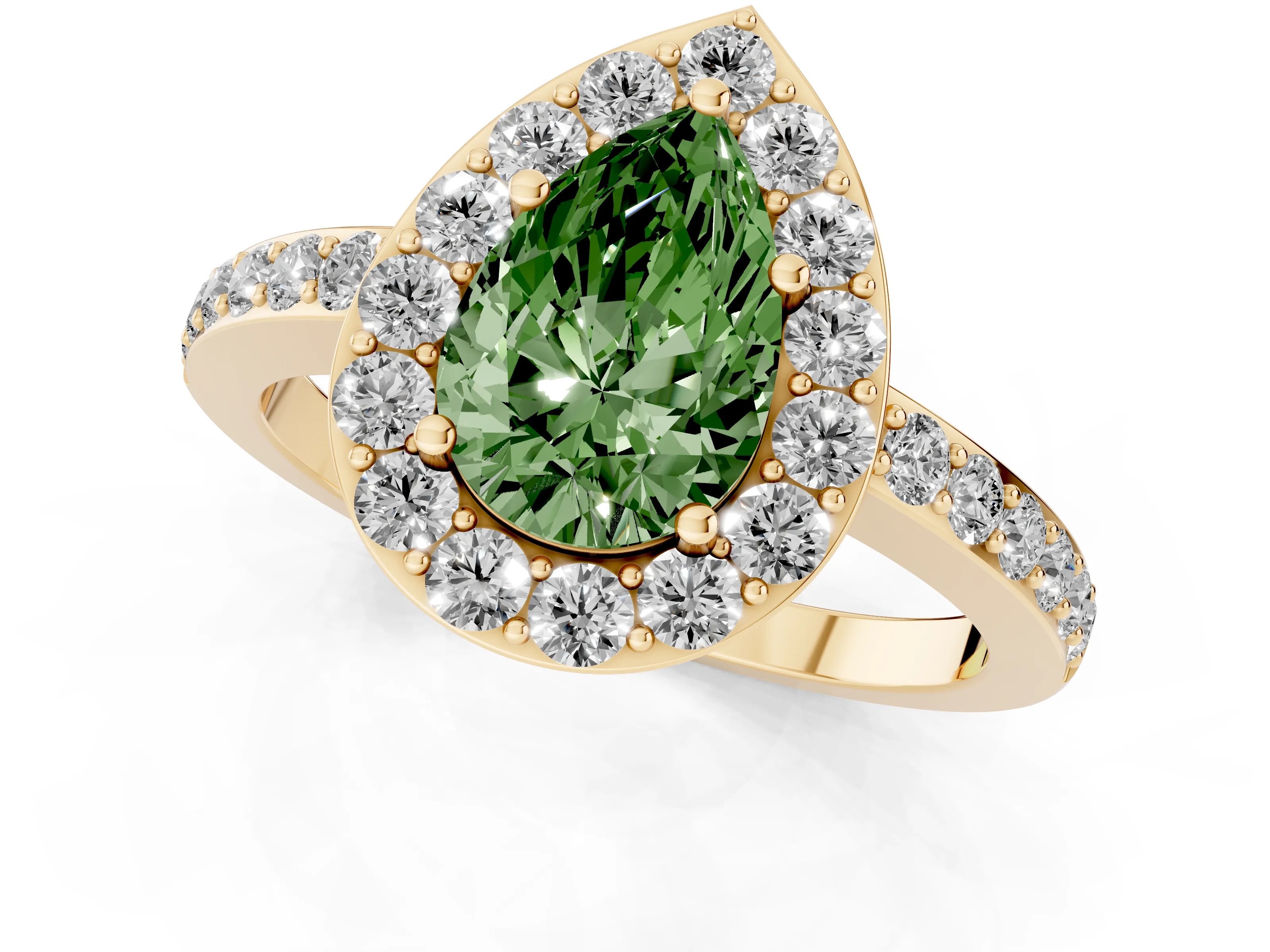 Fancy Green Pear Cut Diamond Halo Ring Set in Yellow gold with Pavé-Setting Band and Open Prong Center