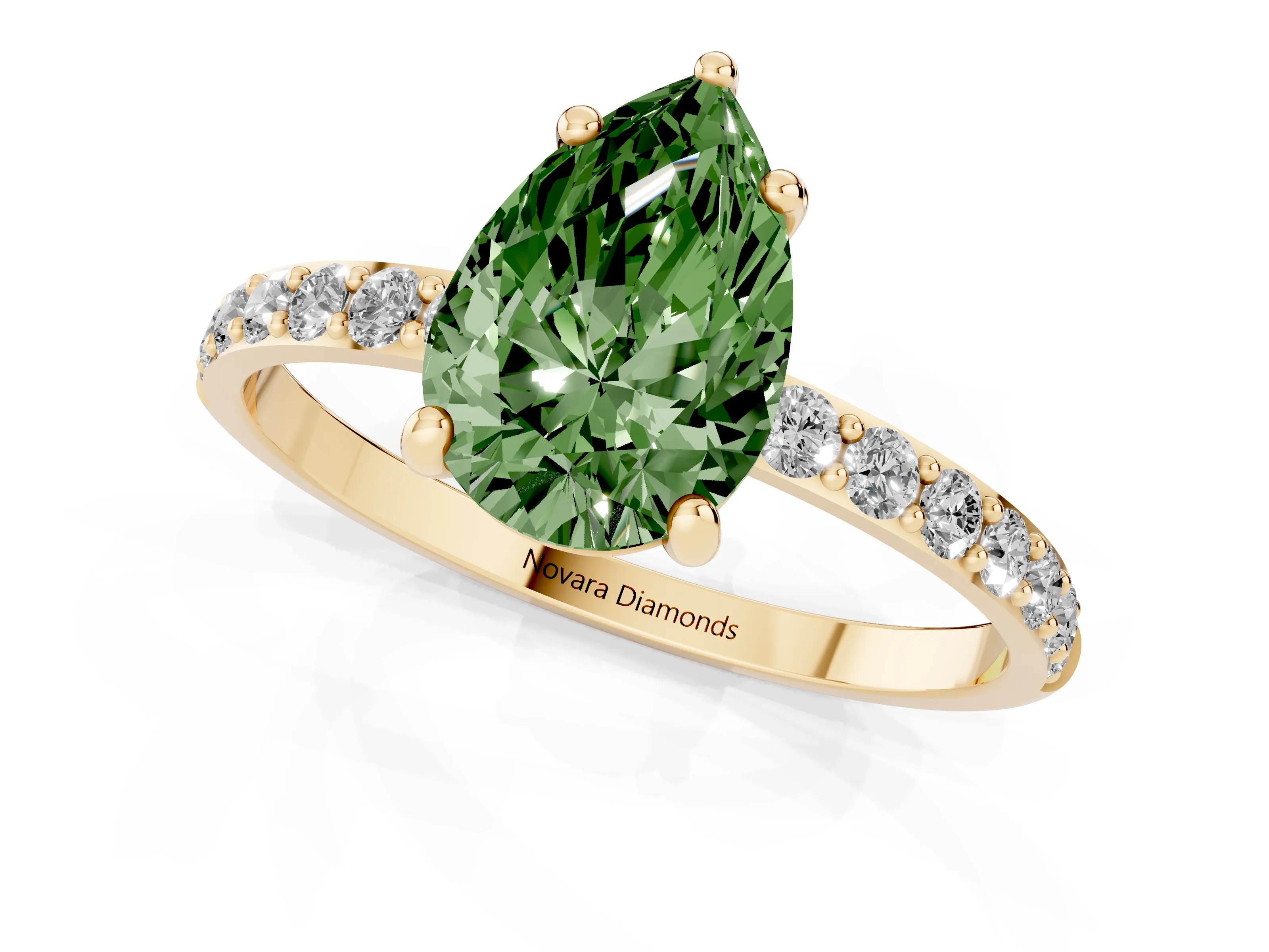 Fancy Green Pear Cut Diamond Solitaire Ring Set in Yellow gold with Round Pavé Band and Prong Setting