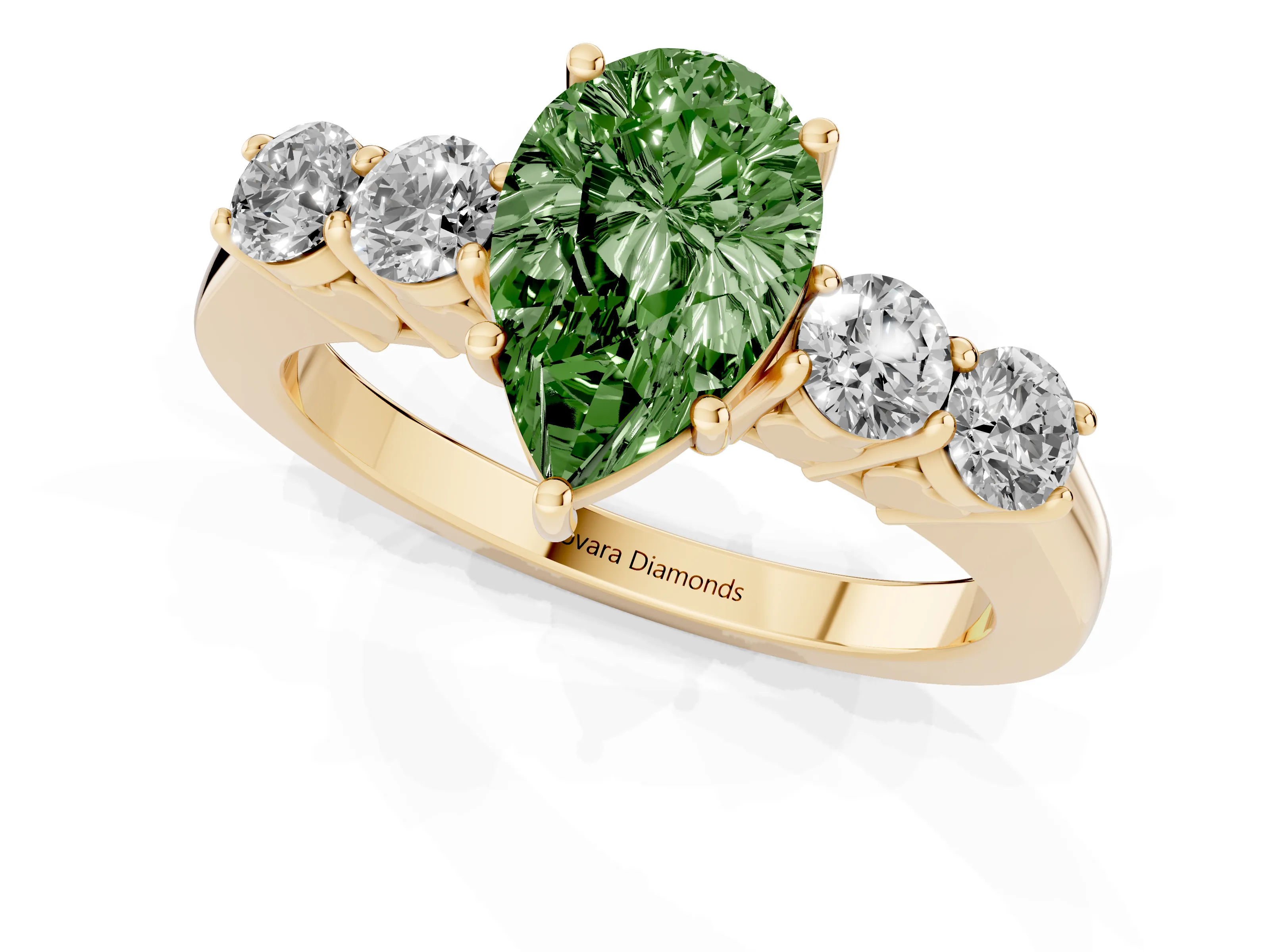Fancy Green Pear Cut Diamond Five-Stone Prong Set Band Ring Set in Yellow gold with Polished Band
