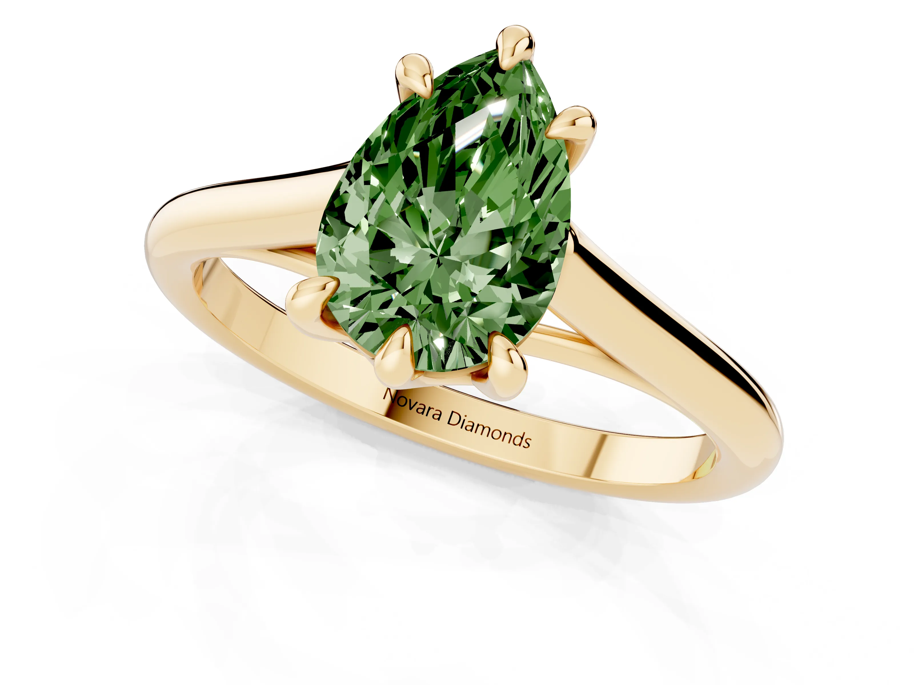 Fancy Green Pear Cut Diamond Solitaire Engagement Ring Set in Yellow gold with Prong Setting and Plain Classic Band
