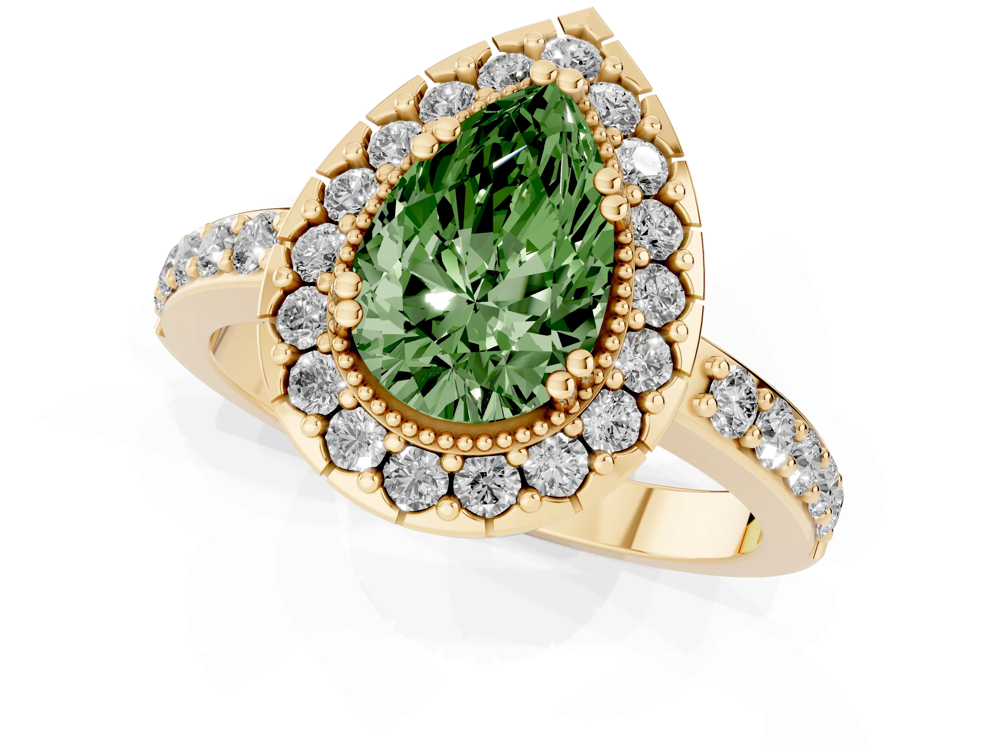 Fancy Green Pear Cut Diamond Halo Ring Set in Yellow gold with Pavé Shank and Prong Setting
